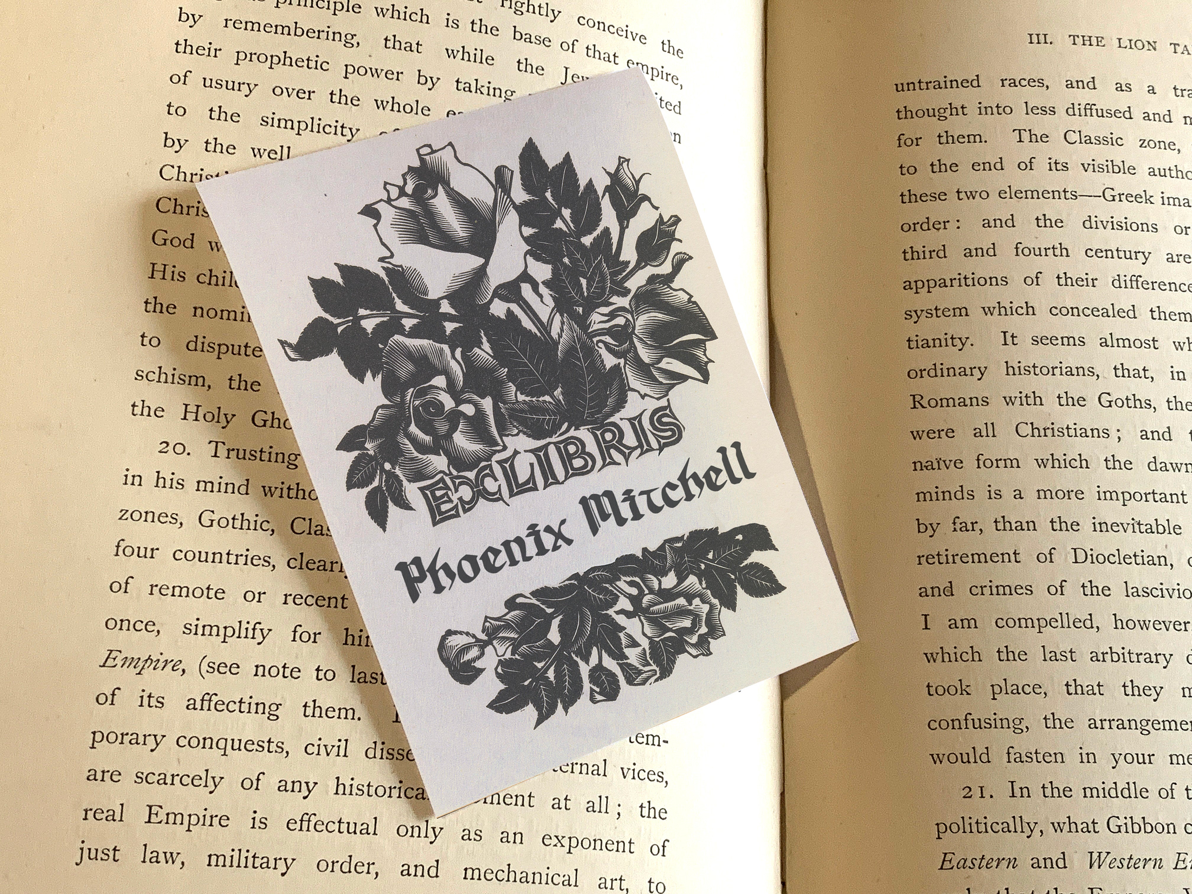 Dark Roses, Personalized Floral Ex-Libris Bookplates, Crafted on Traditional Gummed Paper, 3in x 4in, Set of 30