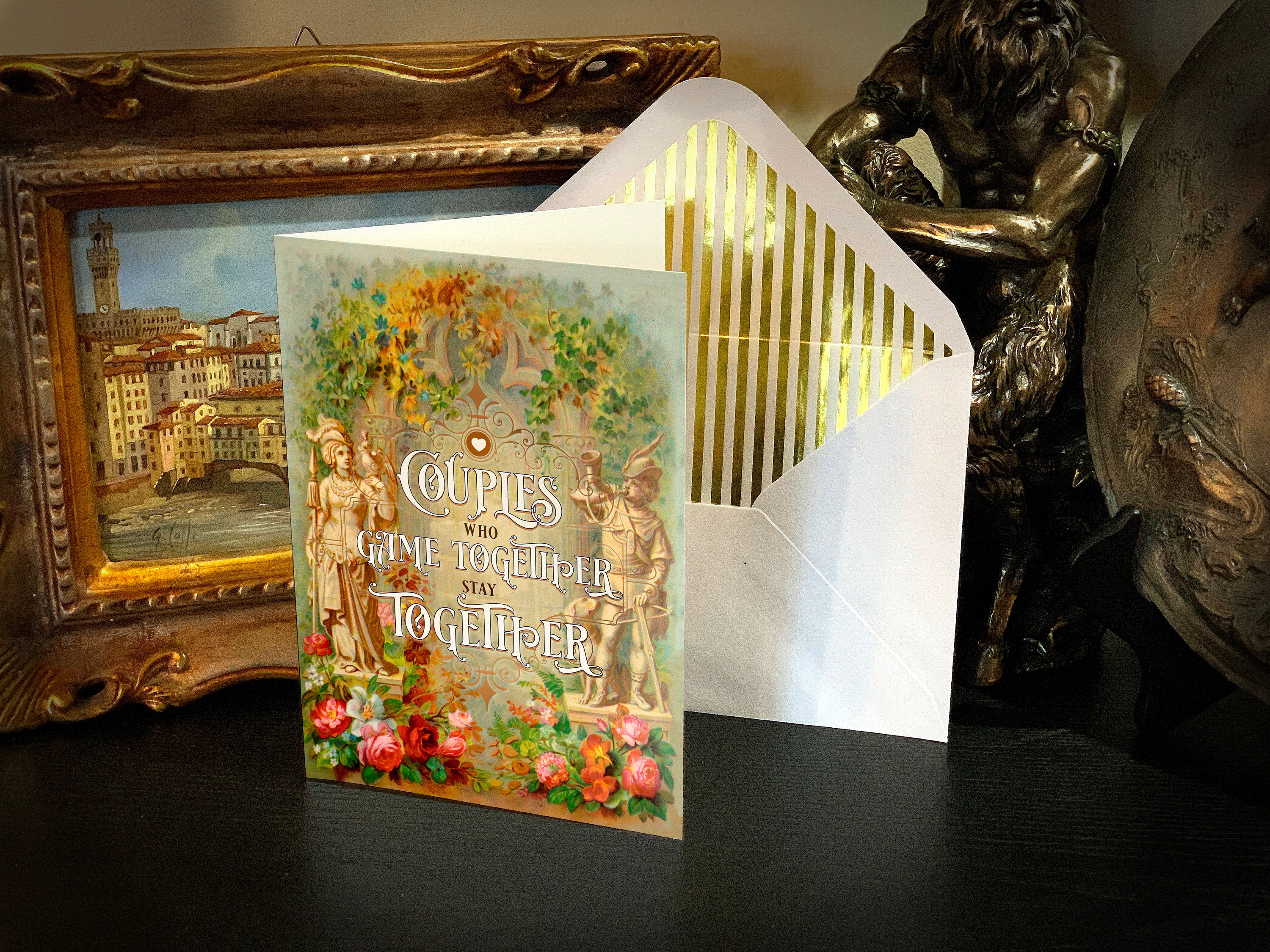Let's Play!, Victorian Valentine's Day Greeting Card for Gamers with Elegant Gold Foil Envelope