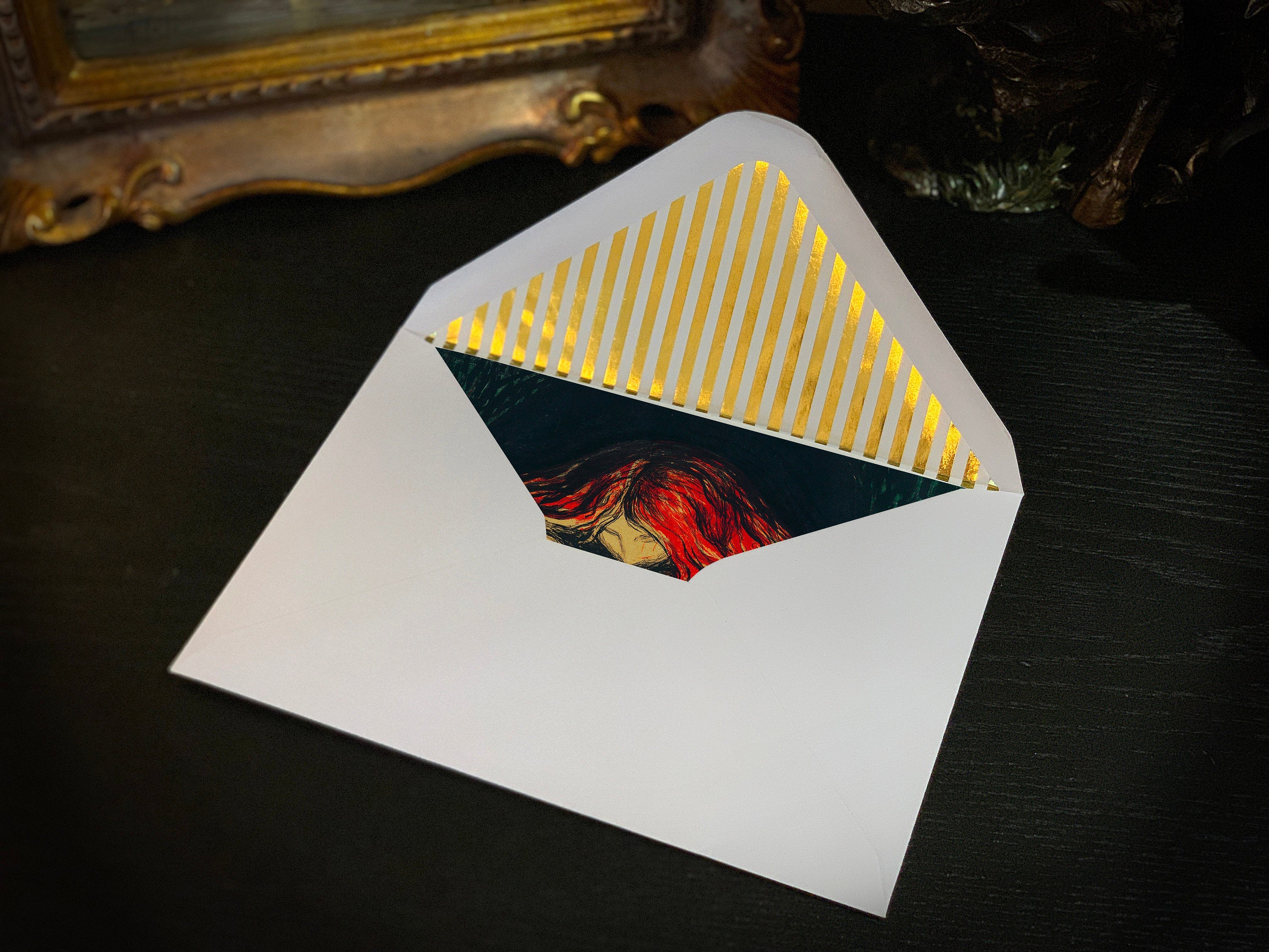 The Vampire II, or Love and Pain, by Edvard Munch, Gothic Greeting Card with Elegant Striped Gold Foil Envelope, 1 Card/Envelope
