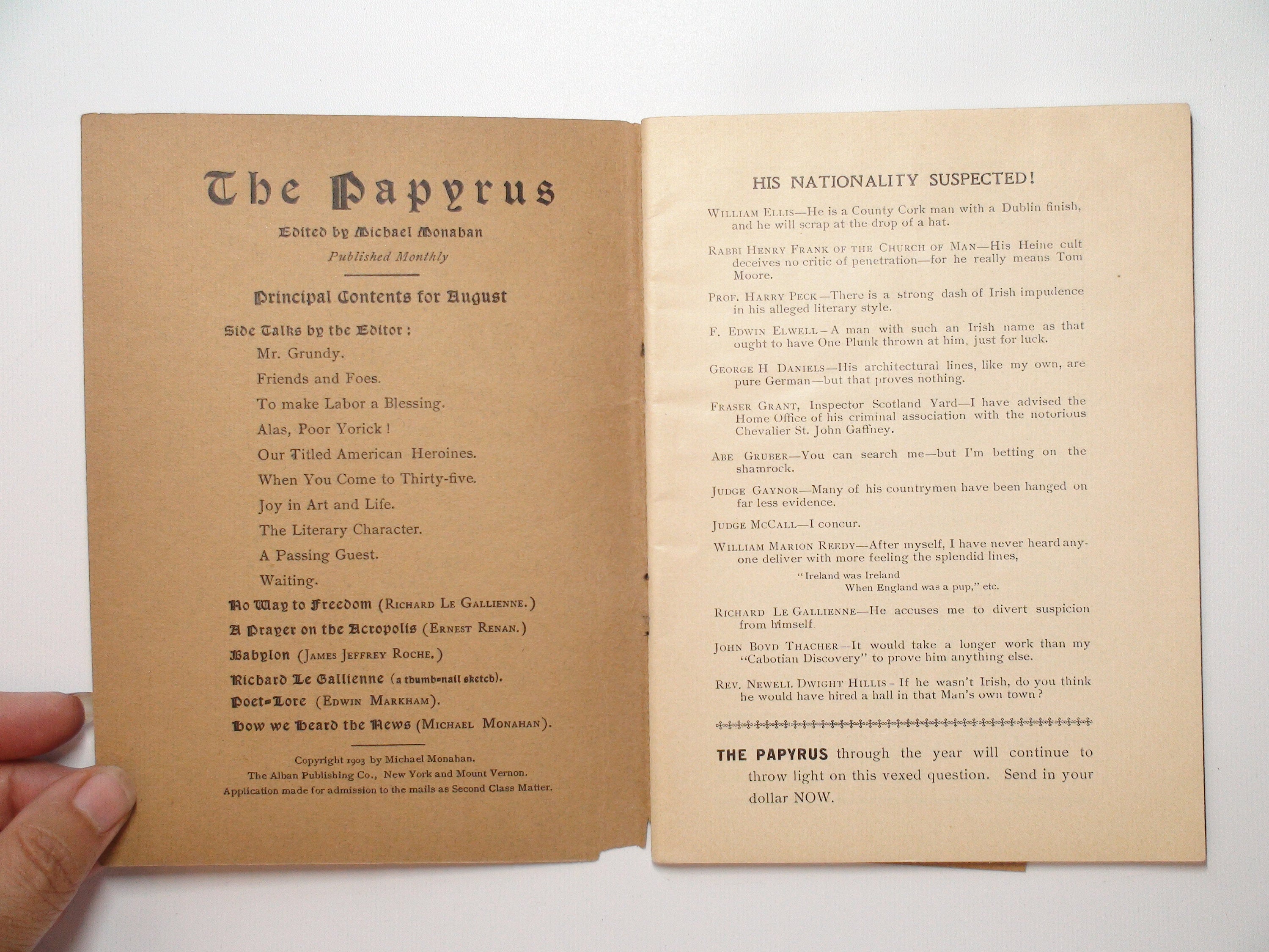 The Papyrus Magazine, Ed. by Michael Monahan, RARE, 1st Ed, August 1903