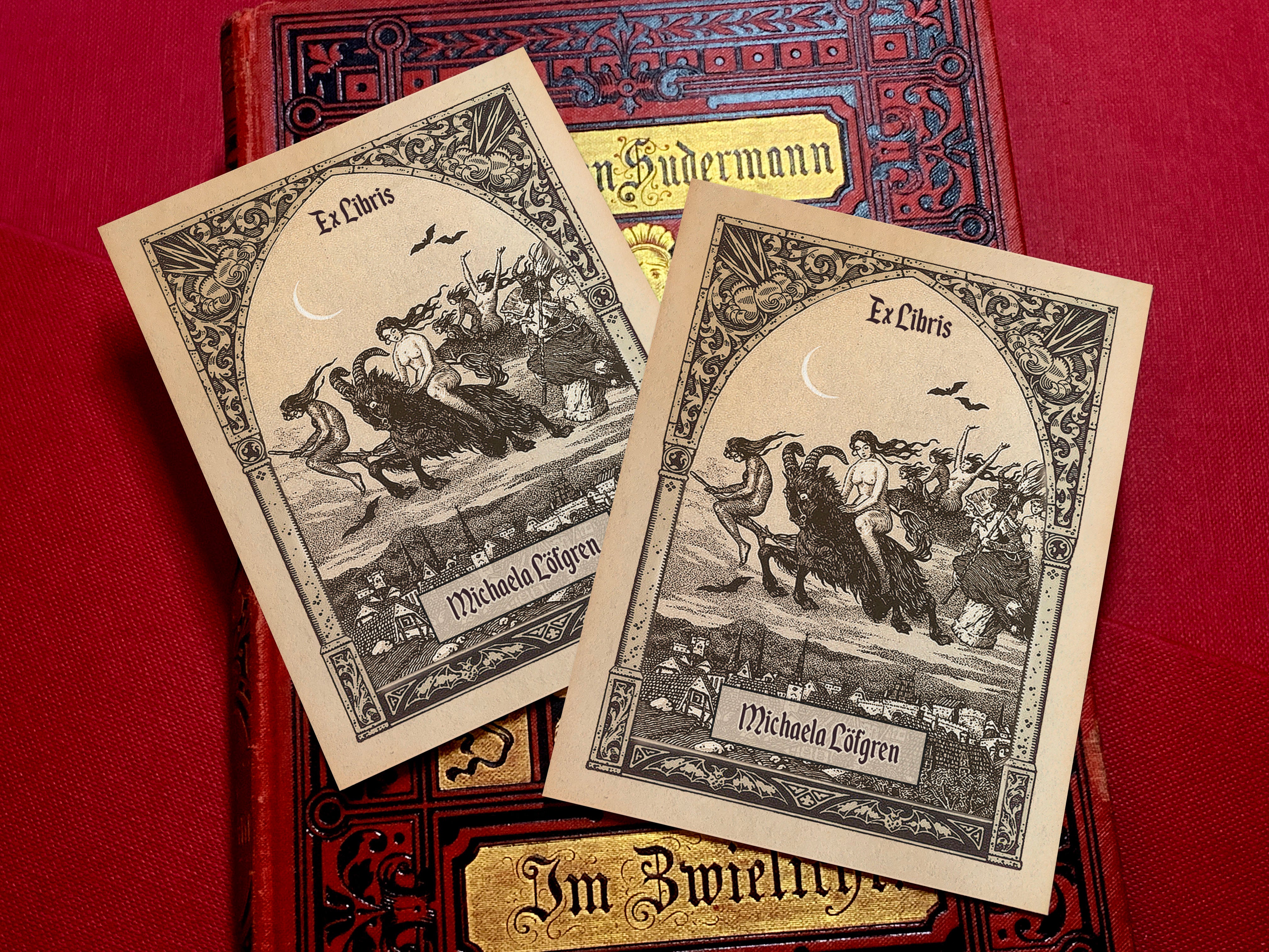 Witches Flying to Sabbath, Ex-Libris Bookplates, Crafted on Traditional Gummed Paper, 3in x 4in, Set of 30