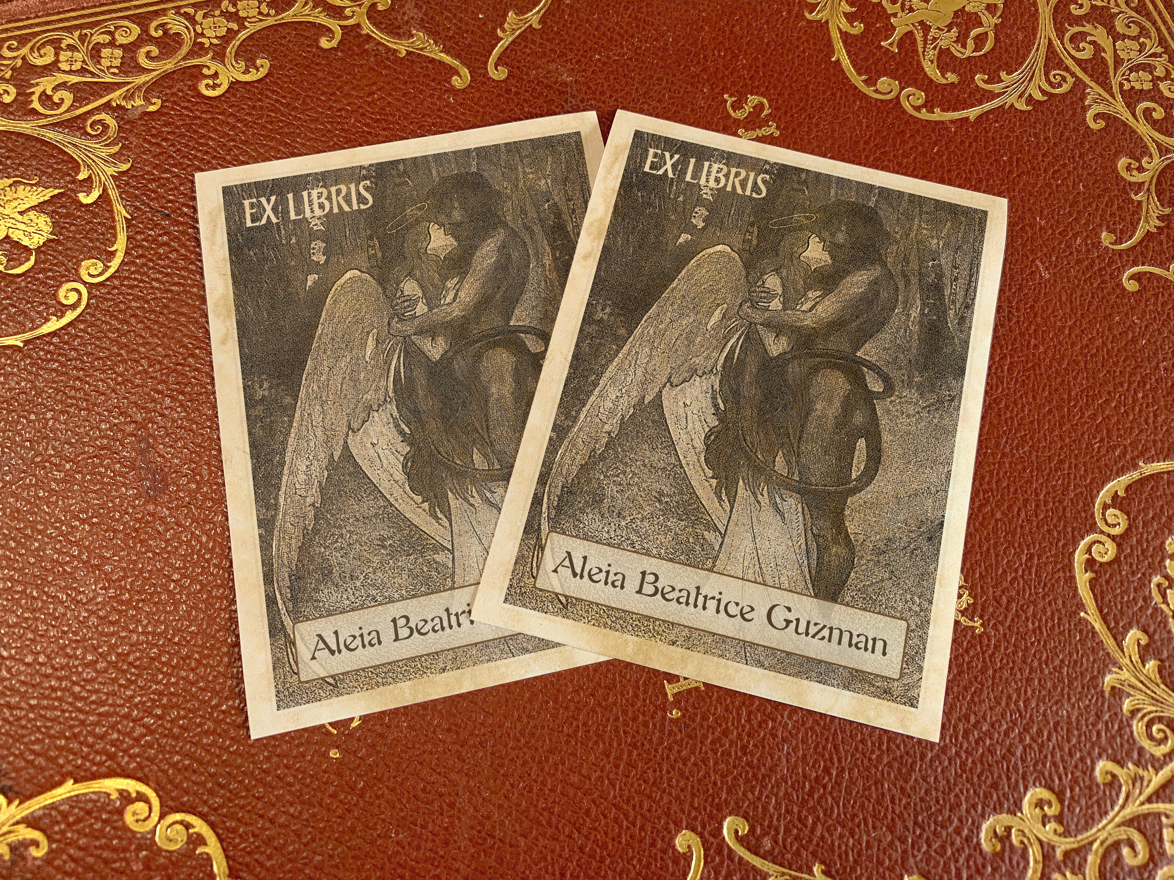Angel and Demon Kissing, Personalized Ex-Libris Bookplates, Crafted on Traditional Gummed Paper, 3in x 4in, Set of 30