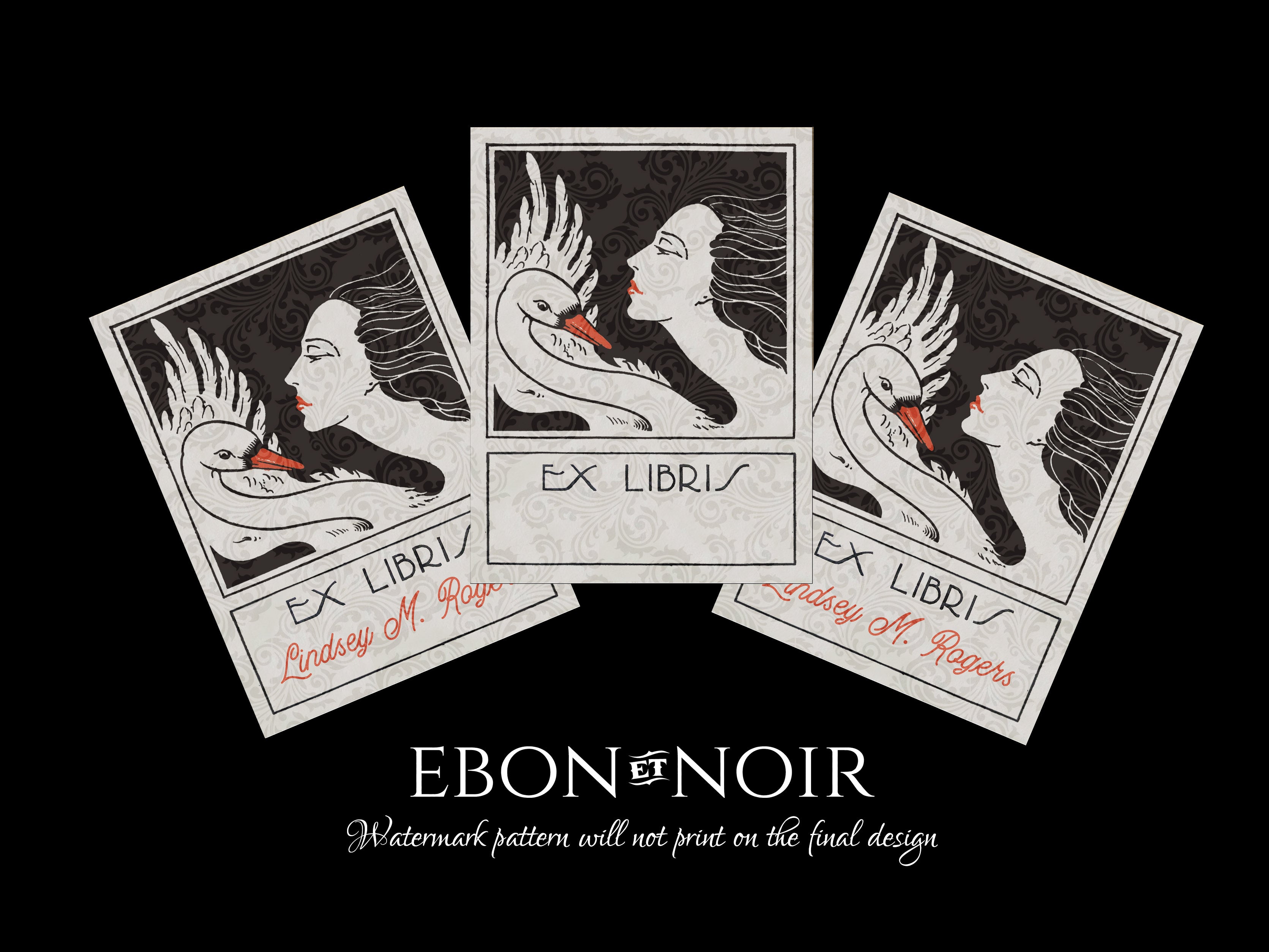 Black Swan, Personalized Art Deco Ex-Libris Bookplates, Crafted on Traditional Gummed Paper, 3in x 4in, Set of 30
