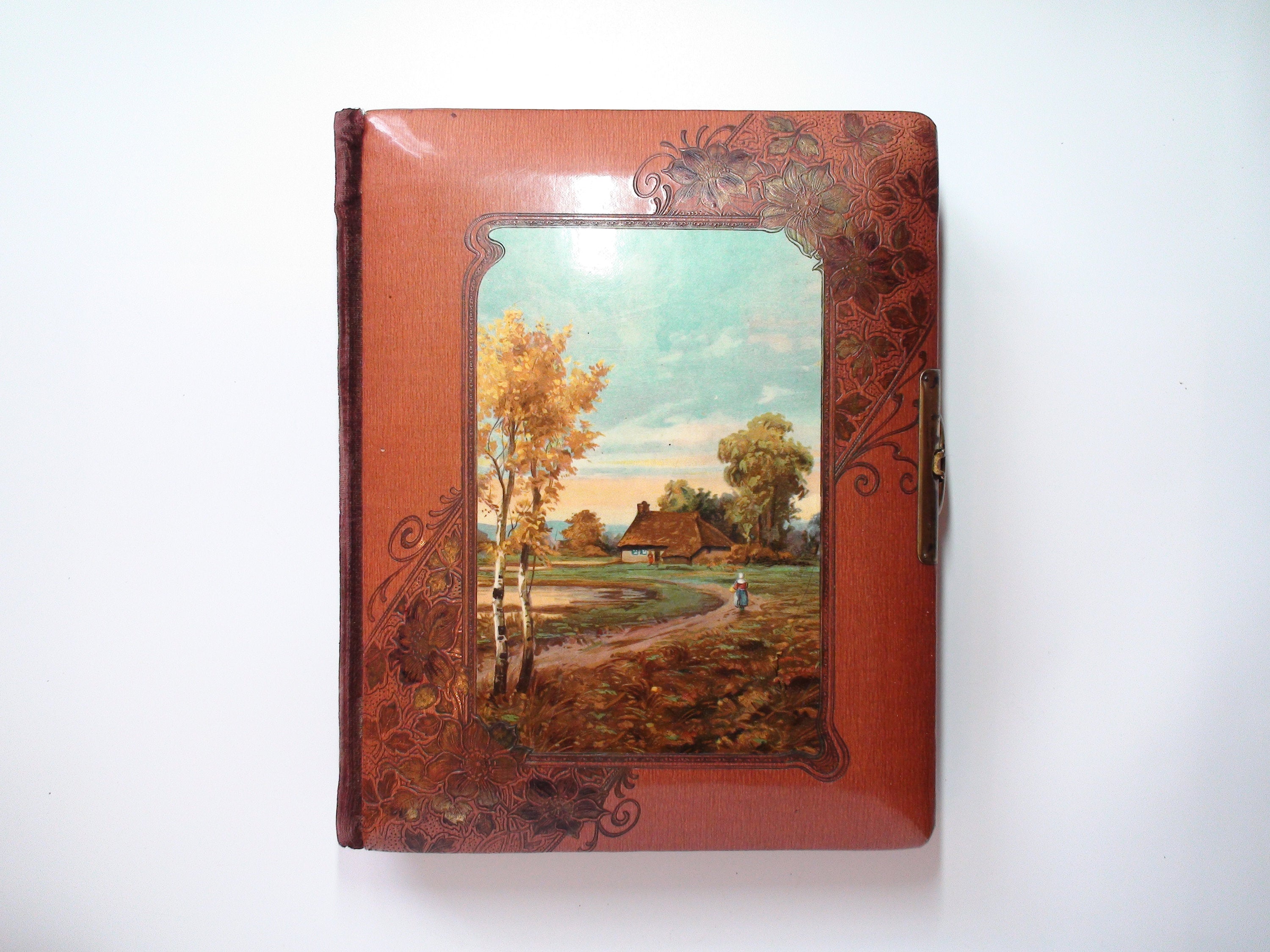 Antique Victorian Photo Album with Country Scene and Working Ornate Clasp, Includes Two Photographs, c1880s
