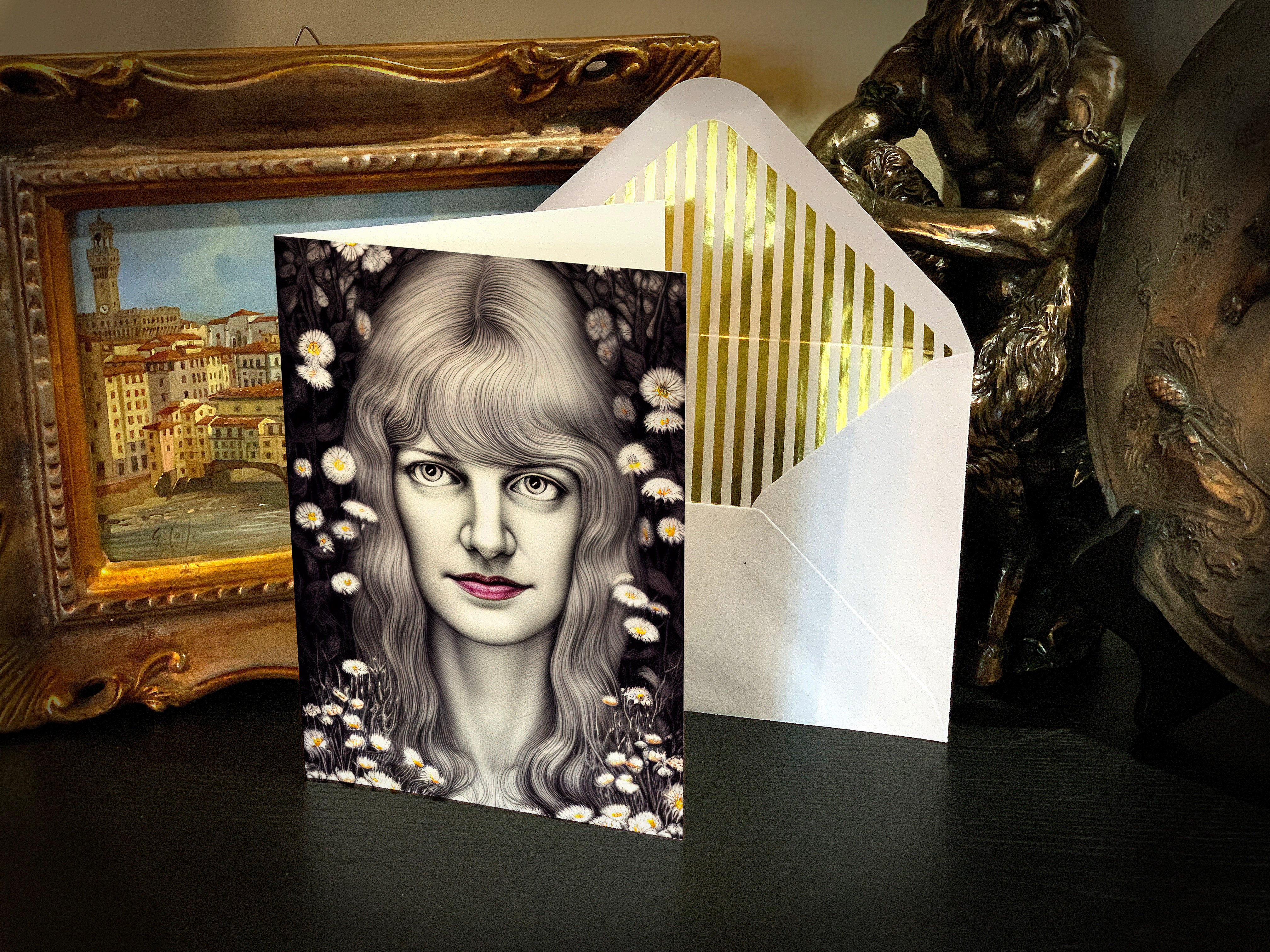 Illustrated Portrait of Author Sylvia Plath, Greeting Card with Elegant Striped Gold Foil Envelope, 1 Card/Envelope