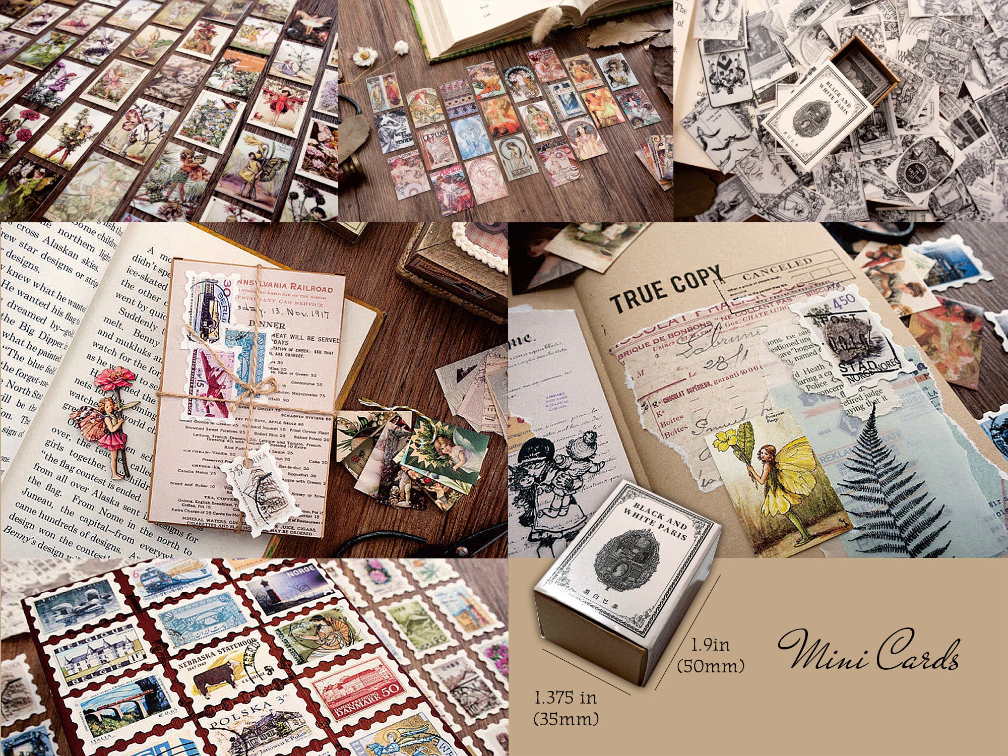 100 Mini Cards, Ideal for Scrapbooking Projects, Various Subjects, Ex Libris, Angels, Fairies, Stamps, Victorian Posters, 1.9in x 1.3in