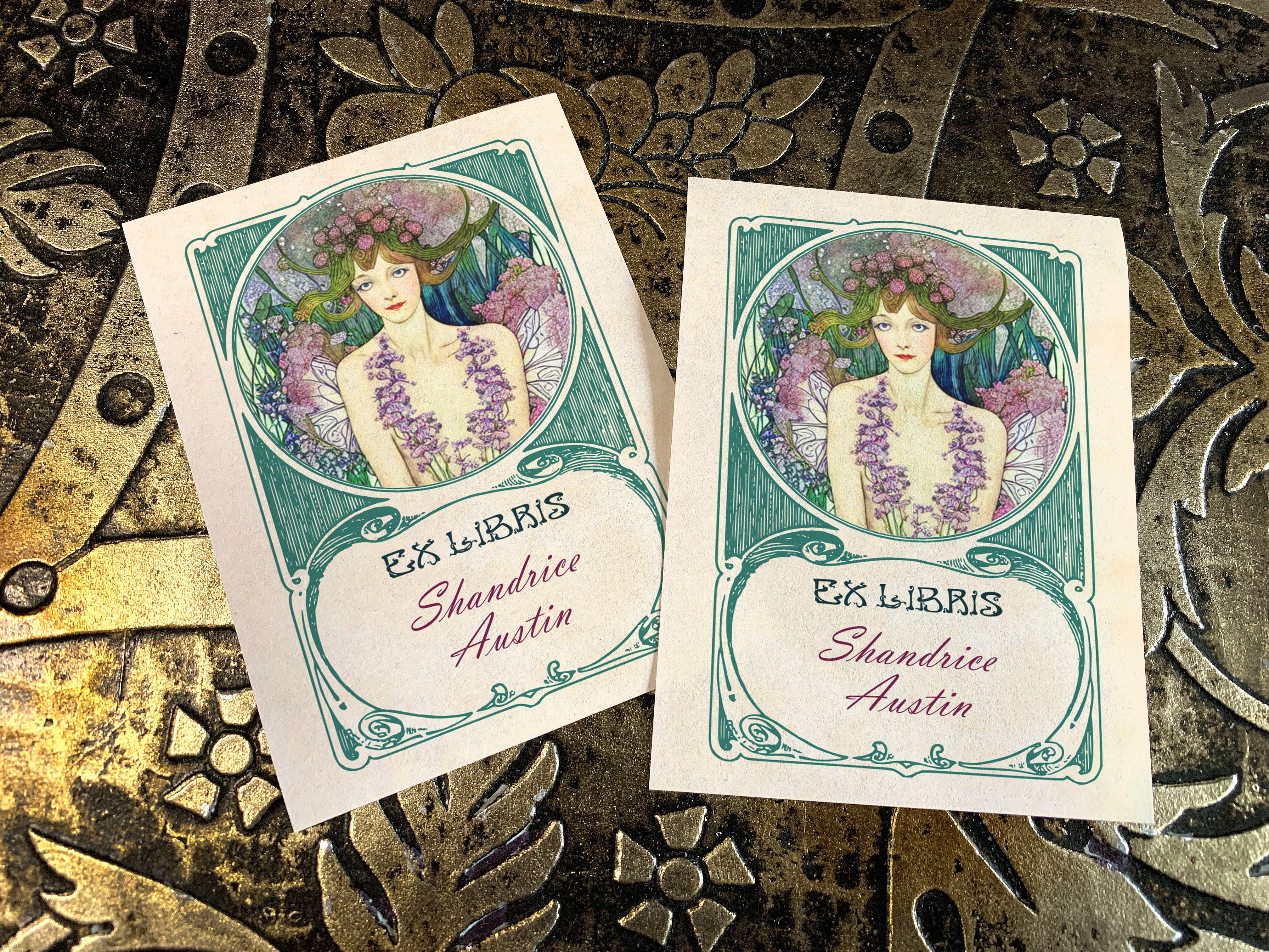 Flower Fairy, Art Nouveau Personalized Ex-Libris Bookplates, Crafted on Traditional Gummed Paper, 3in x 4in, Set of 30