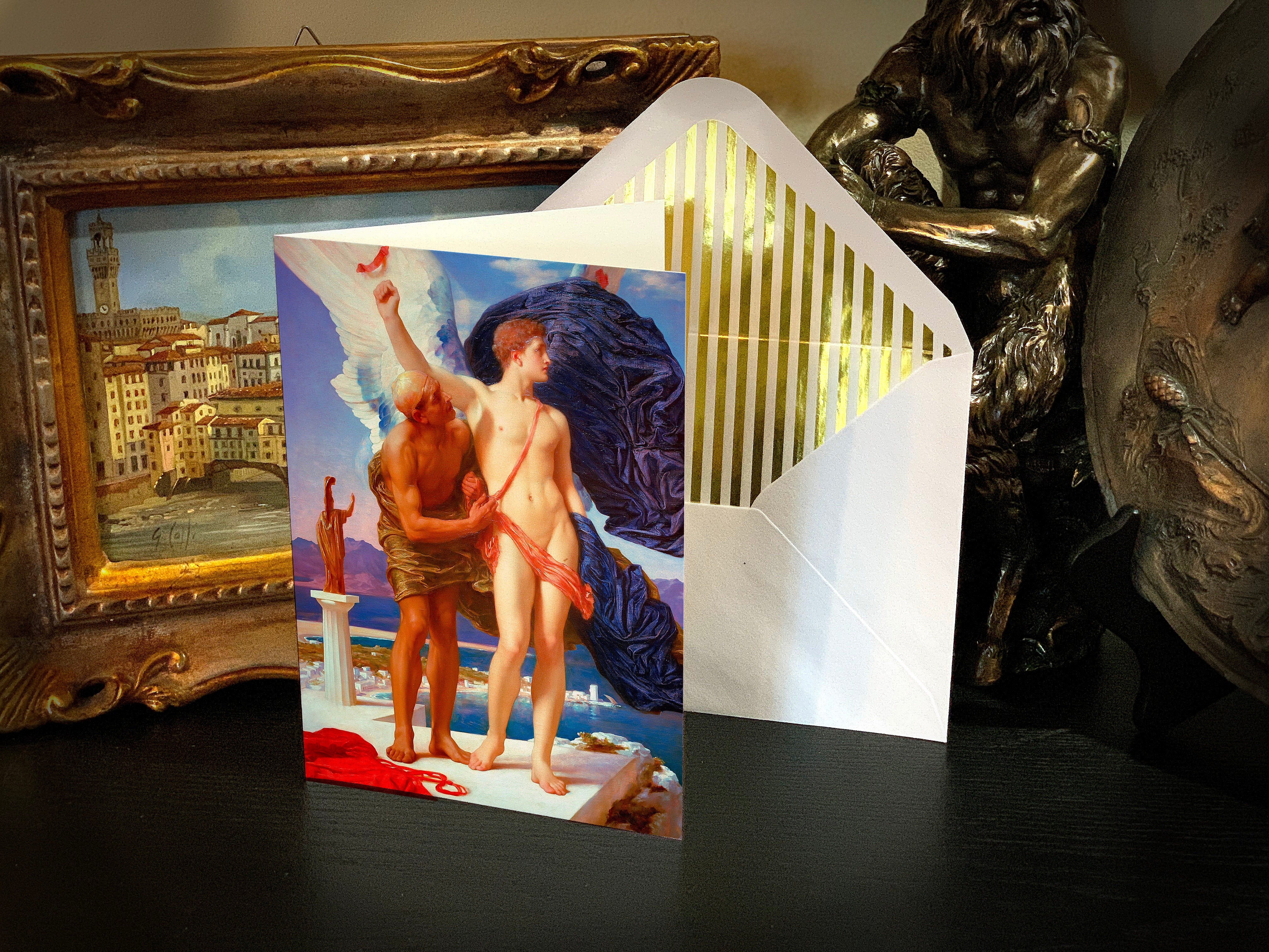 Frederick Leighton Everyday Mythological Greeting Cards with Elegant Striped Gold Foil Envelopes, 5in x 7in, 5 Cards/5 Envelopes