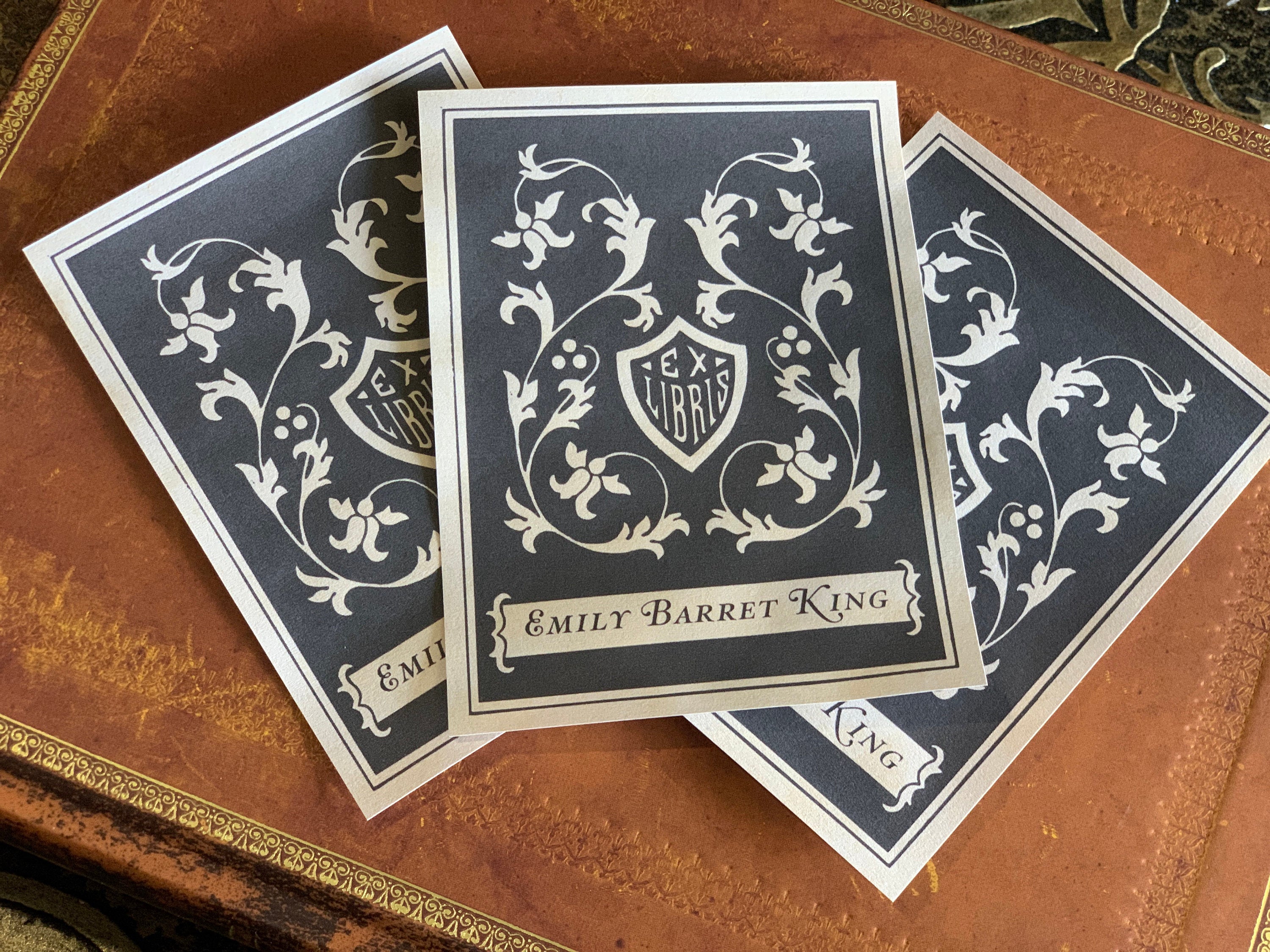 Floral Shield, Personalized Ex-Libris Bookplates, Crafted on Traditional Gummed Paper, 3in x 4in, Set of 30
