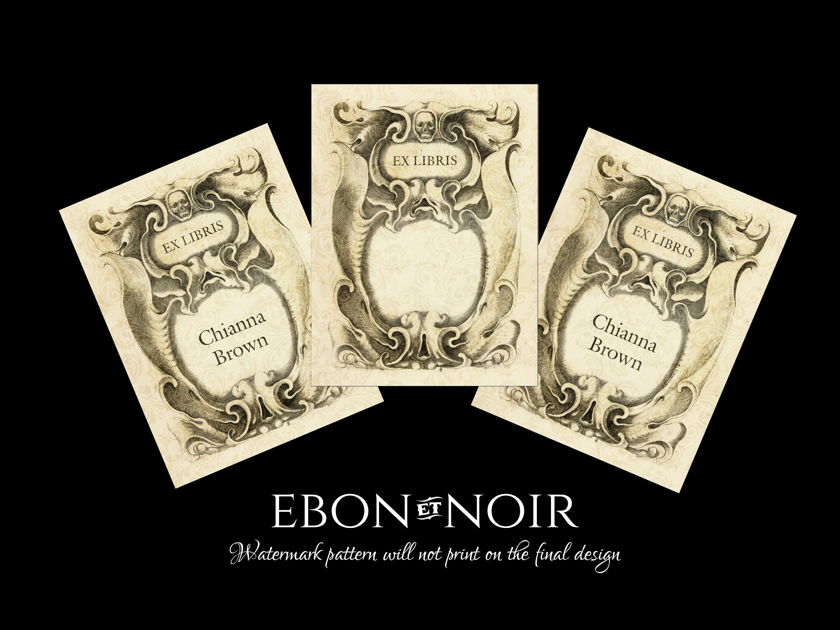 Bone Cartouche, Personalized Gothic Ex-Libris Bookplates, Crafted on Traditional Gummed Paper, 3in x 4in, Set of 30