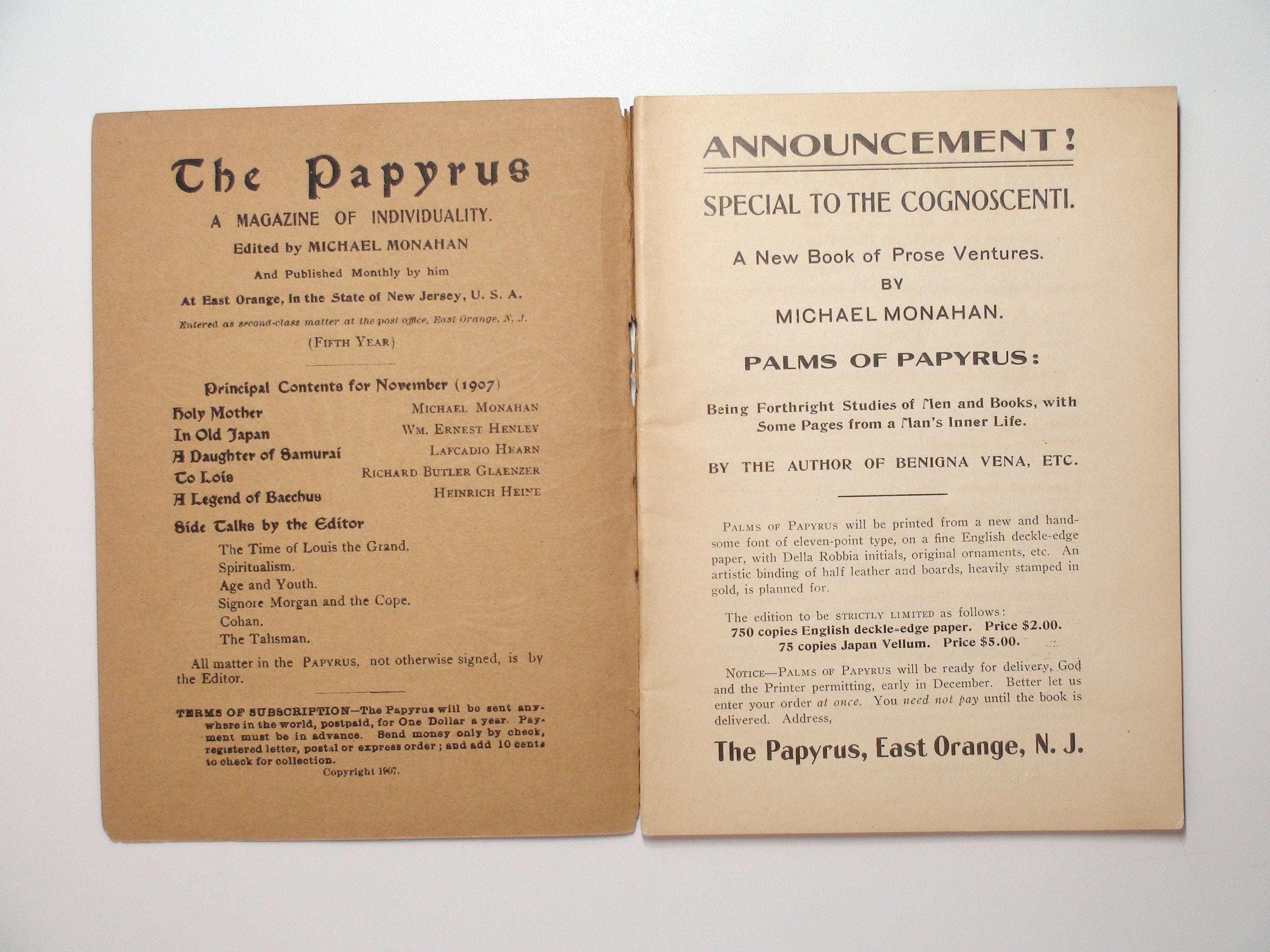 The Papyrus Magazine, Ed. by Michael Monahan, RARE, 1st Ed, November 1907