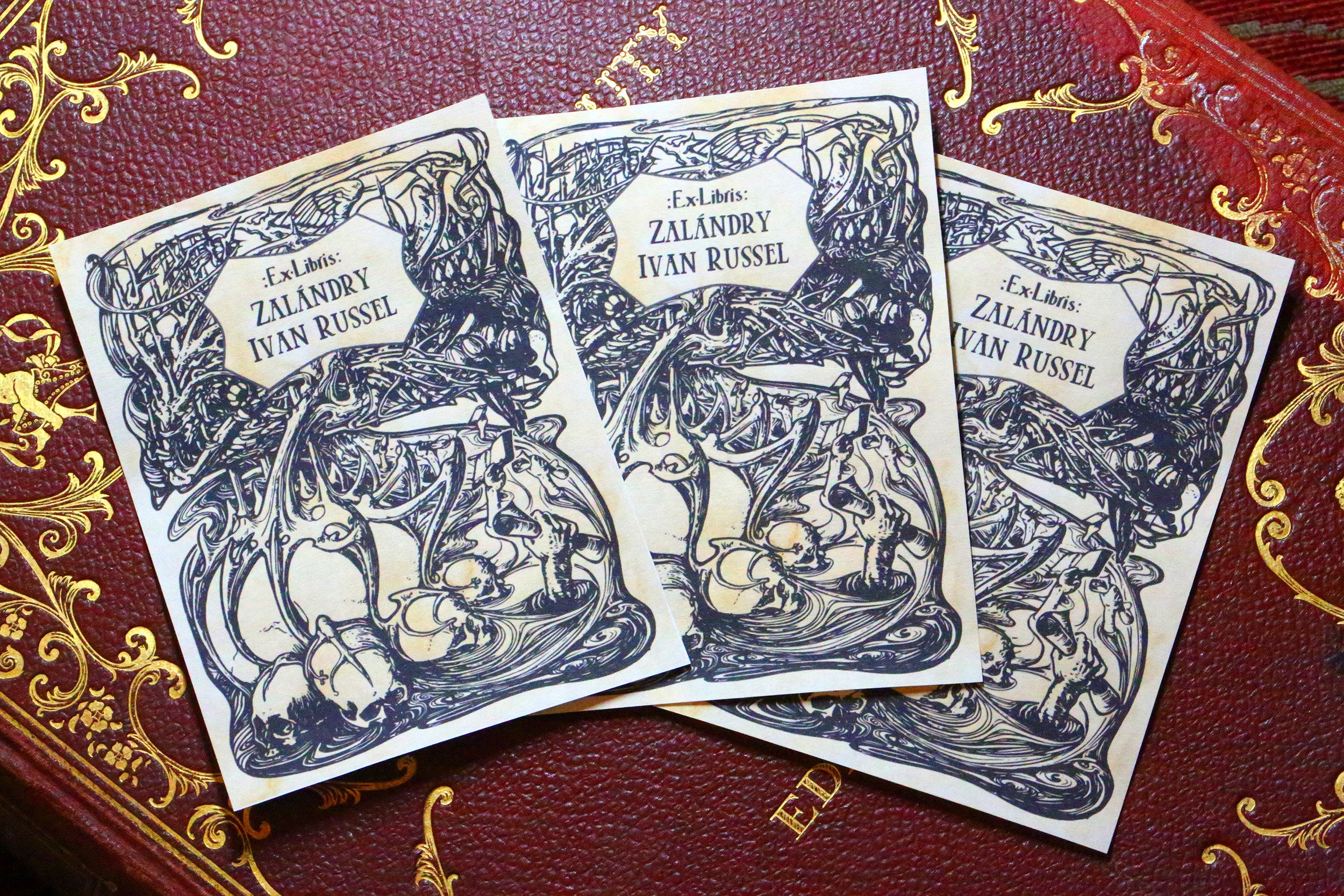 Bones and Scrolls, Personalized Gothic Ex-Libris Bookplates, Crafted on Traditional Gummed Paper, 3in x 4in, Set of 30