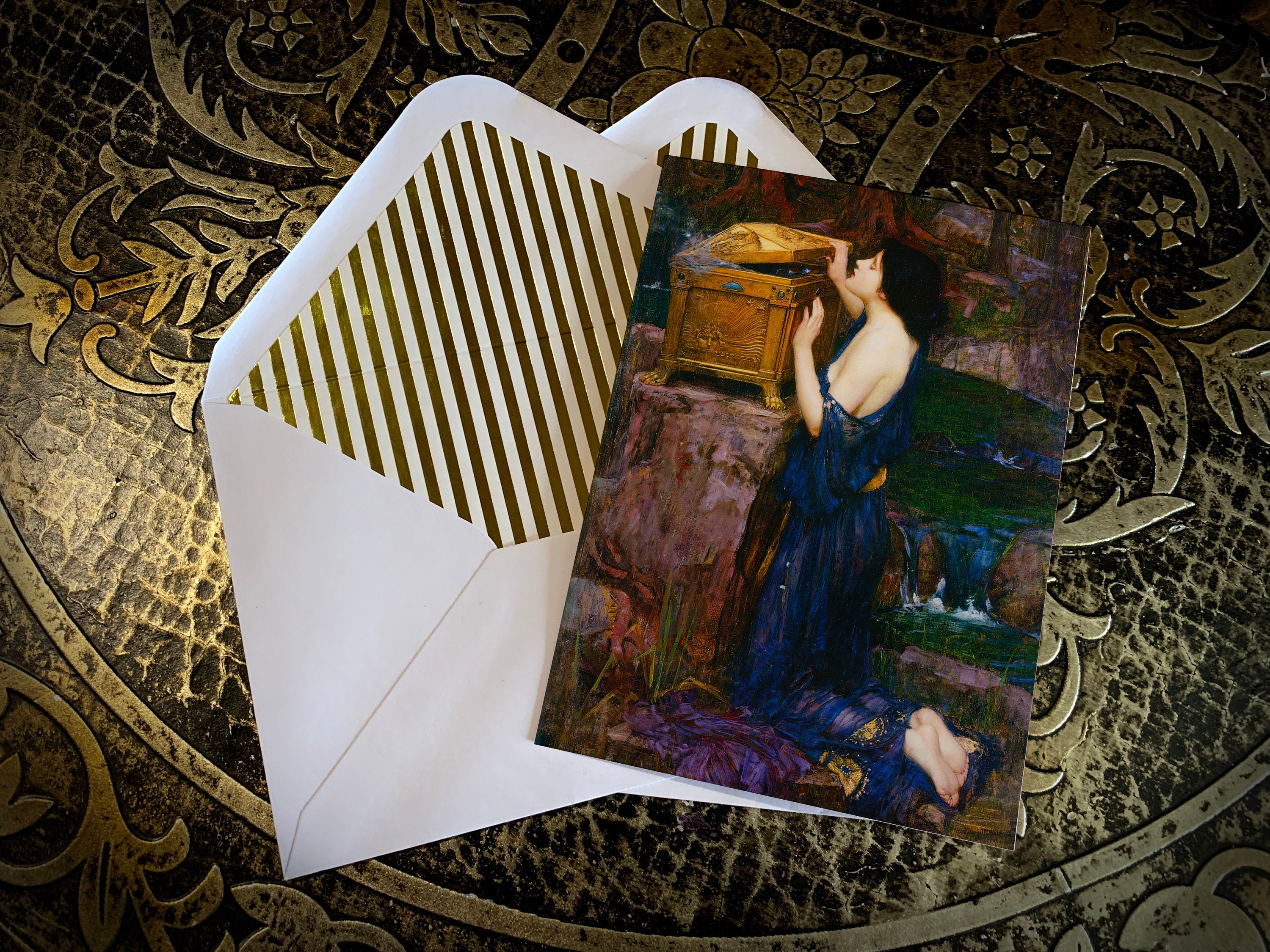 Damsels by John William Waterhouse, Everyday Greeting Cards with Elegant Striped Gold Foil Envelopes, 5in x 7in, 5 Cards/5 Envelopes