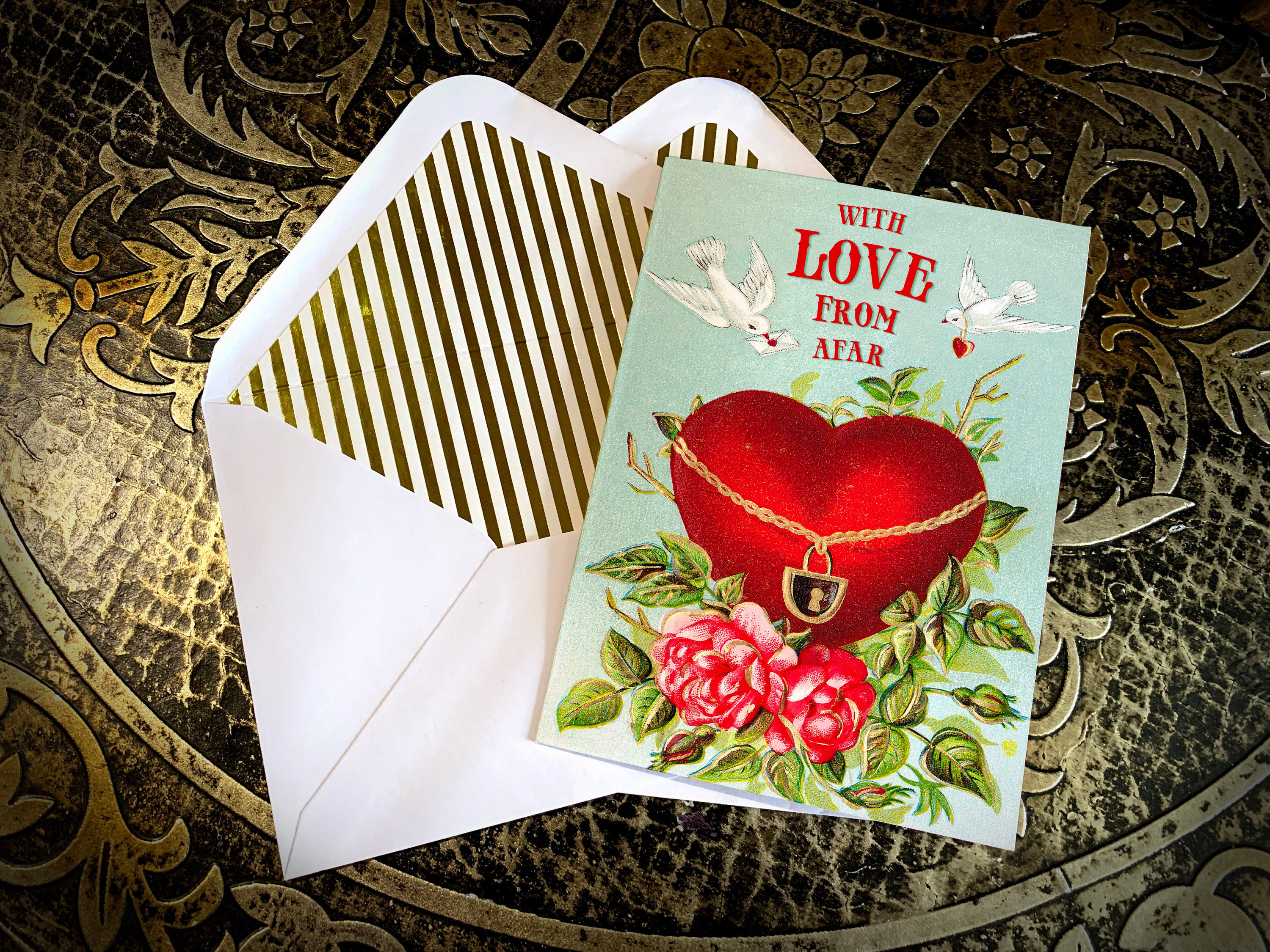 Victorian Valentine's Day Greeting Card, Love From Afar, for Friends and Family, with Elegant Gold Foil Envelope