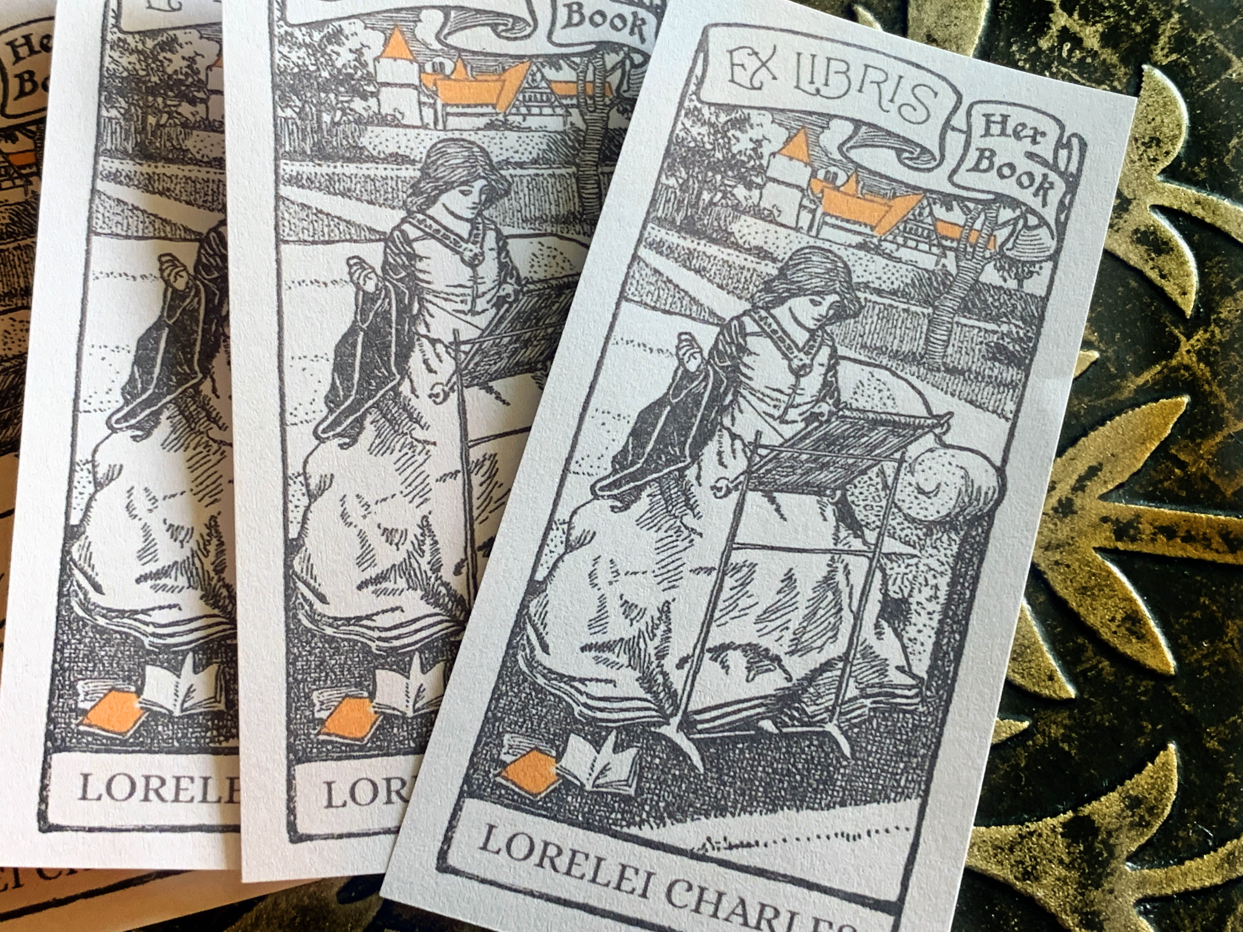 Maiden Spinning Loom, Personalized Ex-Libris Bookplates FOR HER, Crafted on Traditional Gummed Paper, 2in x 4in, Set of 30