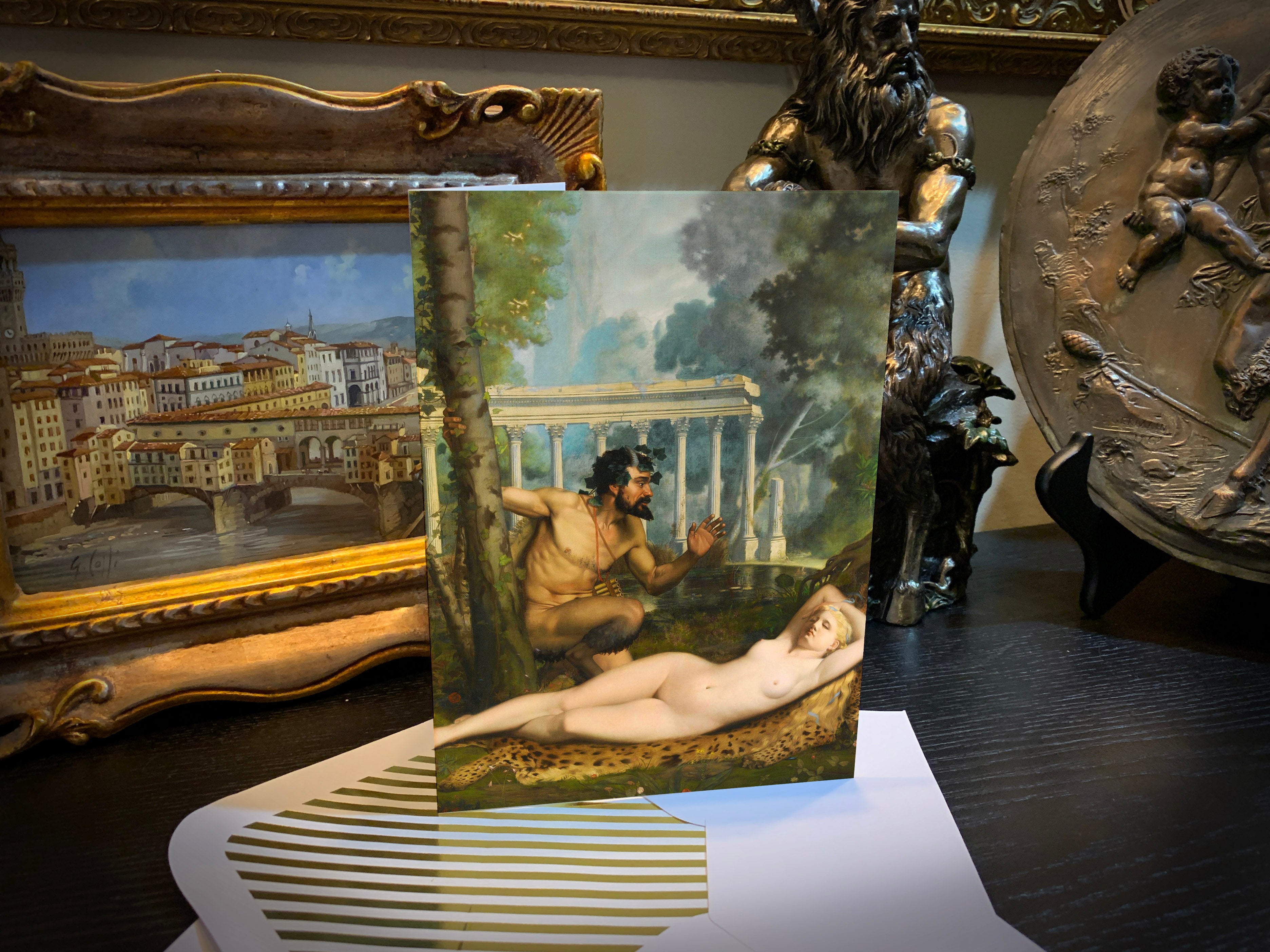 Pan and Venus by Adolphe Alexandre Lesrel, Greeting Card with Elegant Striped Gold Foil Envelope, 1 Card/Envelope