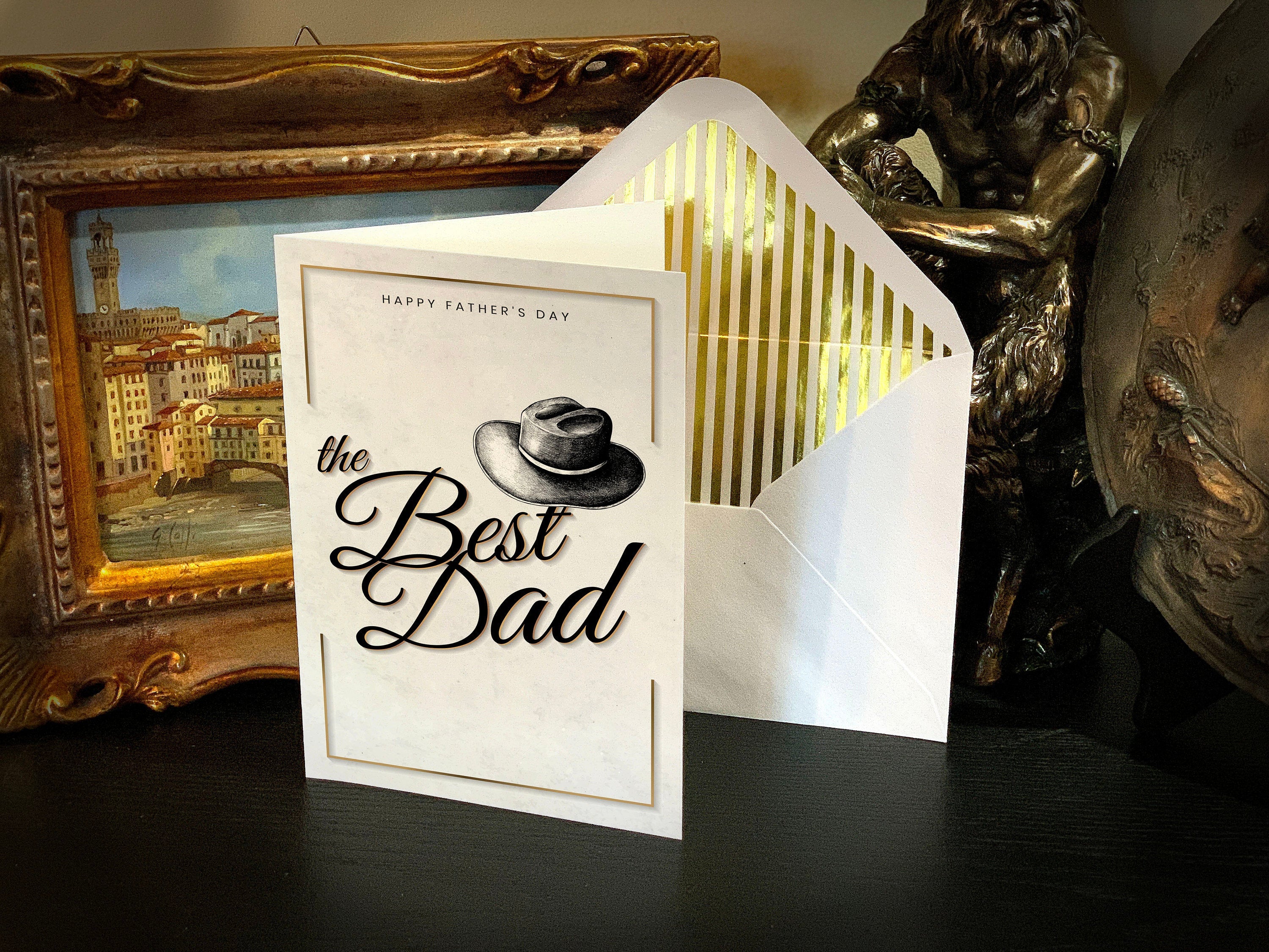 The Best Dad, Father's Day Greeting Card with Elegant Striped Gold Foil Envelope, 1 Card/Envelope