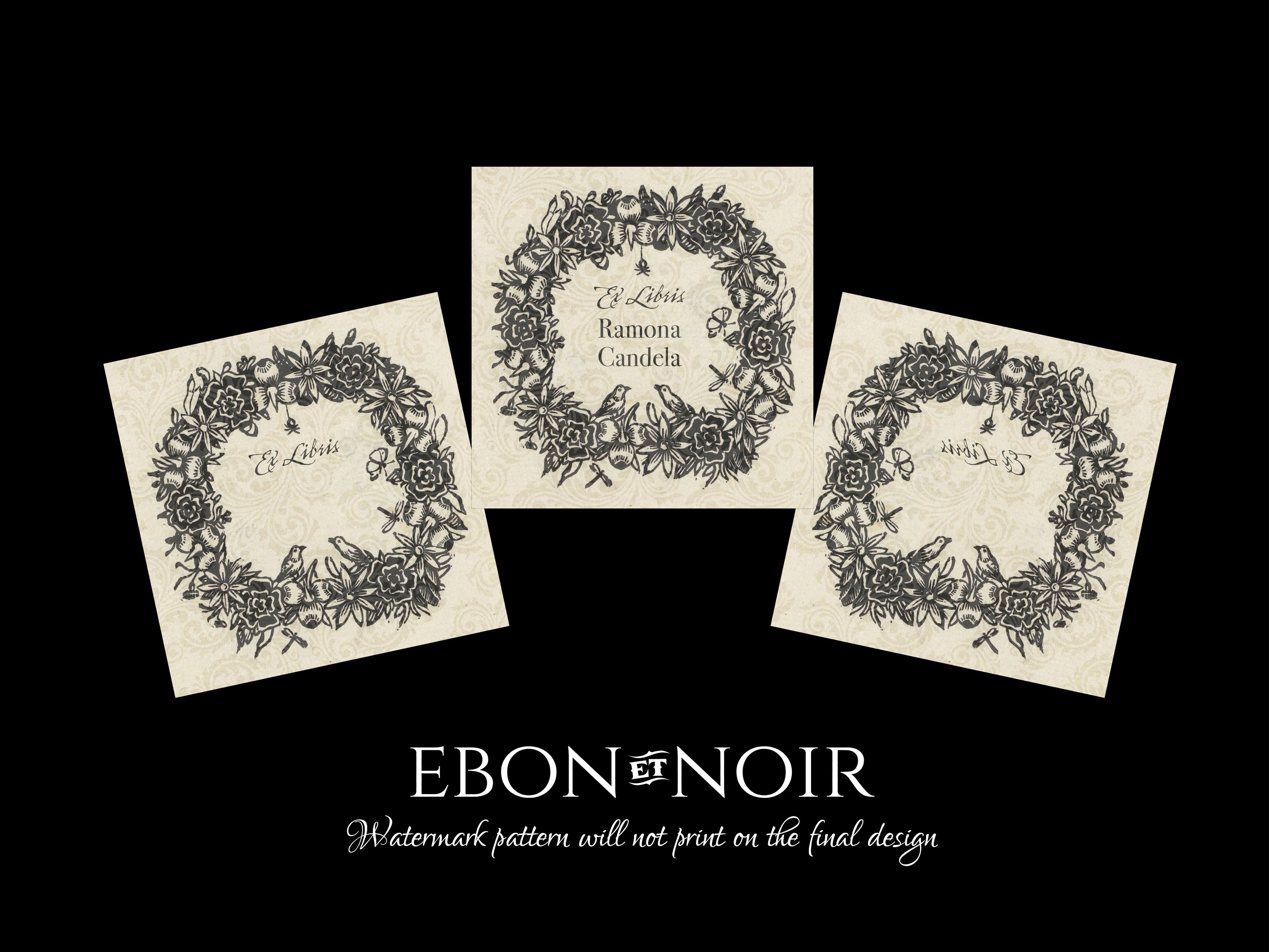 Woodblock Wreath, Personalized Ex-Libris Bookplates, Crafted on Traditional Gummed Paper, 3in x 3in, Set of 30