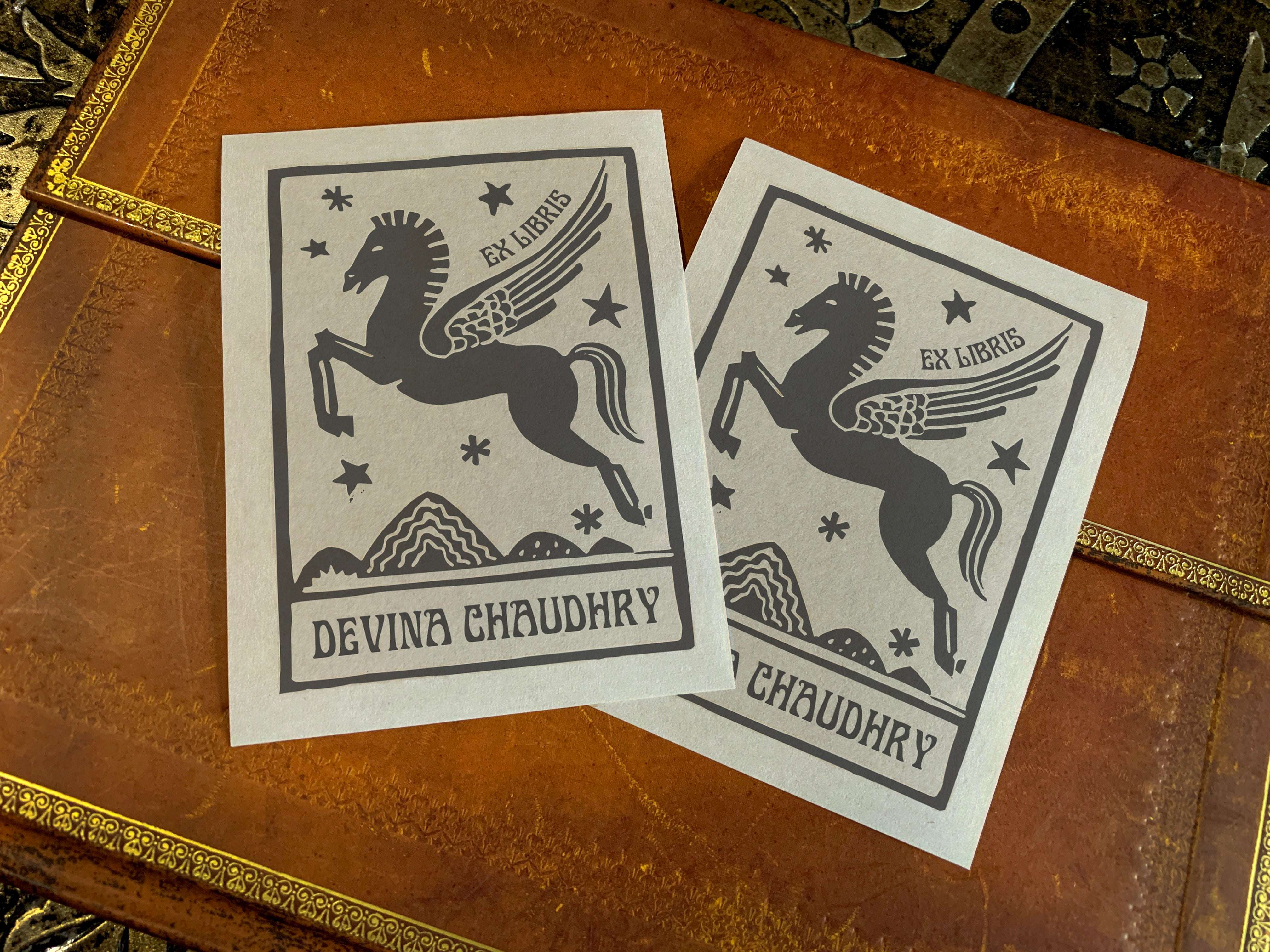 Woodblock Pegasus, Personalized Ex-Libris Bookplates, Crafted on Traditional Gummed Paper, 3in x 4in, Set of 30