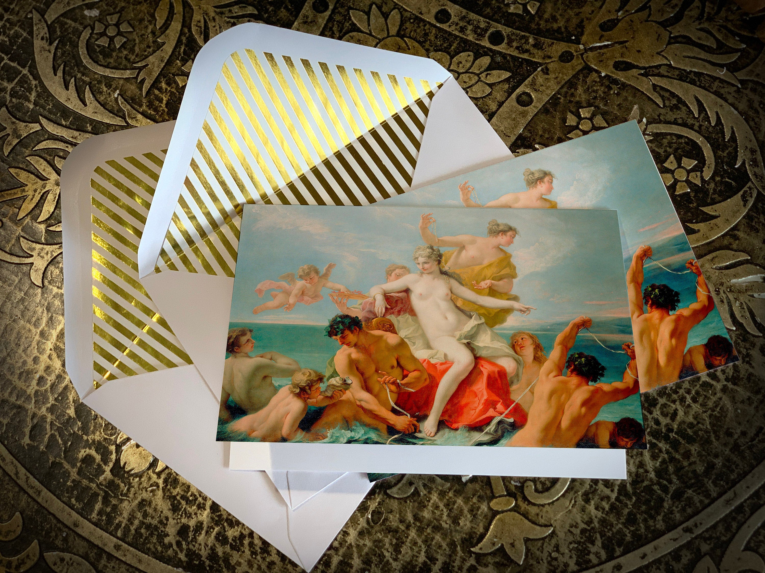 Triumph of the Marine Venus by Sebastiano Ricci, Mythological Greeting Card with Elegant Striped Gold Foil Envelope, 1 Card/Envelope