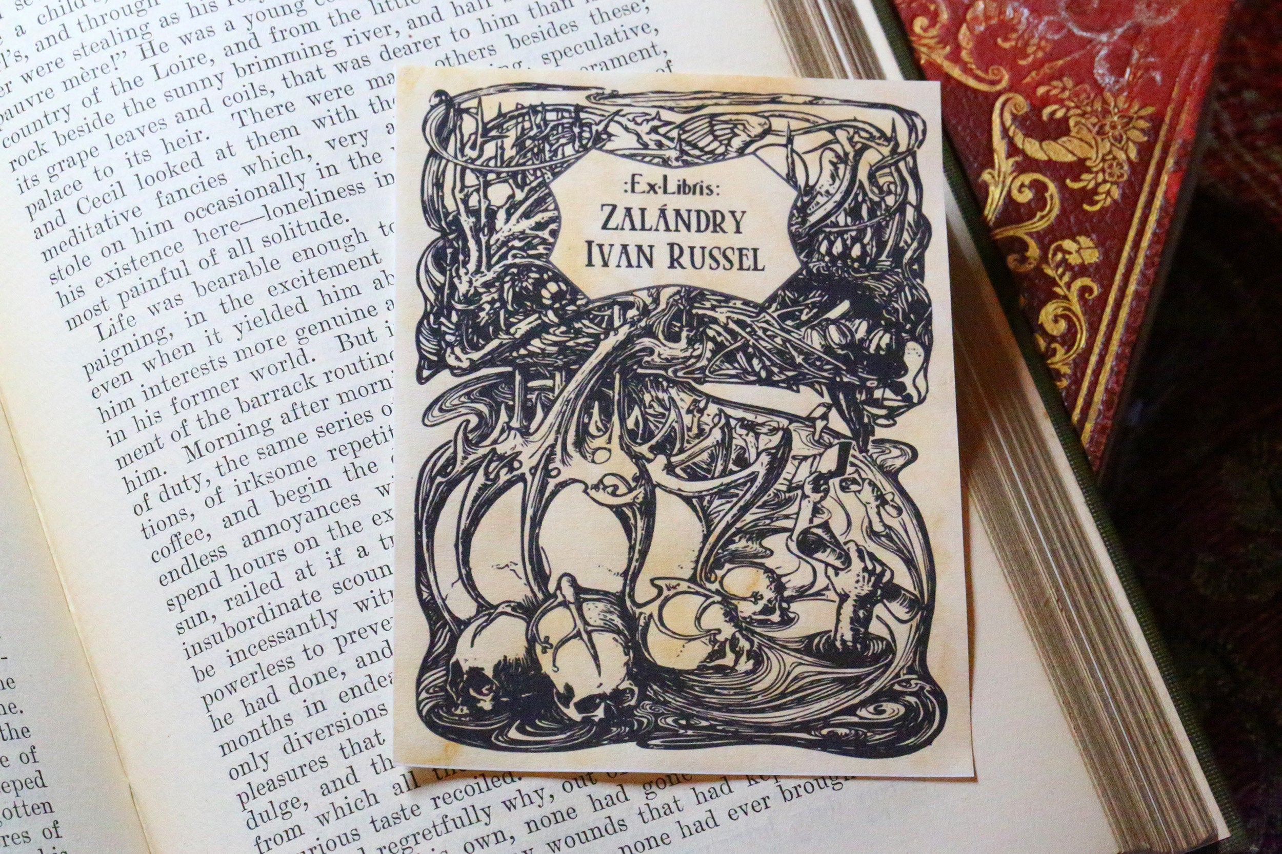 Bones and Scrolls, Personalized Gothic Ex-Libris Bookplates, Crafted on Traditional Gummed Paper, 3in x 4in, Set of 30