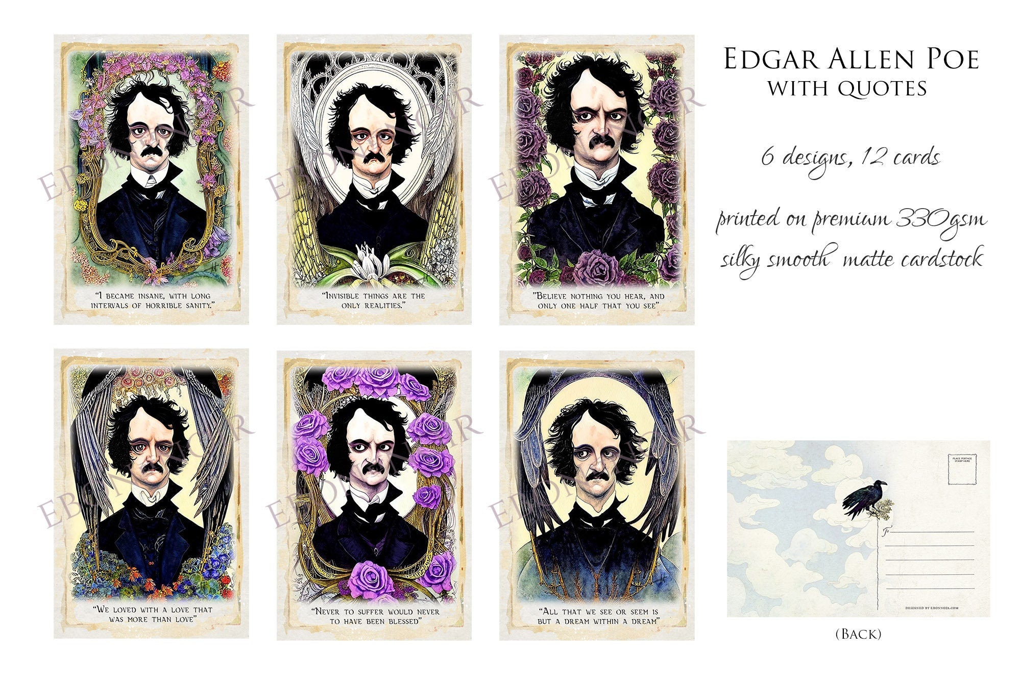 Watercolor Portrait of Edgar Allan Poe, Postcard/Greeting Card Set, Exclusively Designed, 6 Designs, 12 Cards