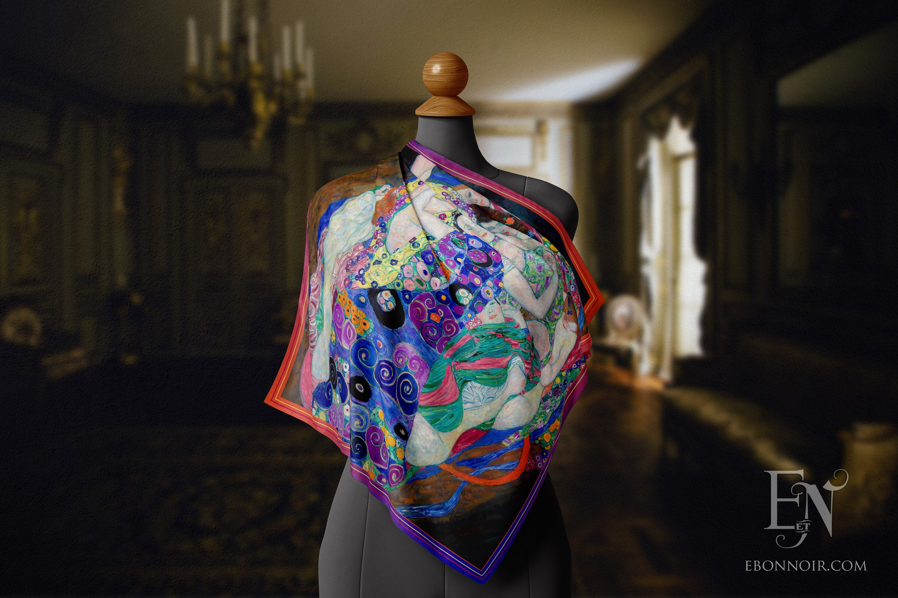 The Maiden by Gustav Klimt, Luxurious Square Scarf/Wrap/Boho Shawl, Made to Order, Handmade and Cruelty-Free