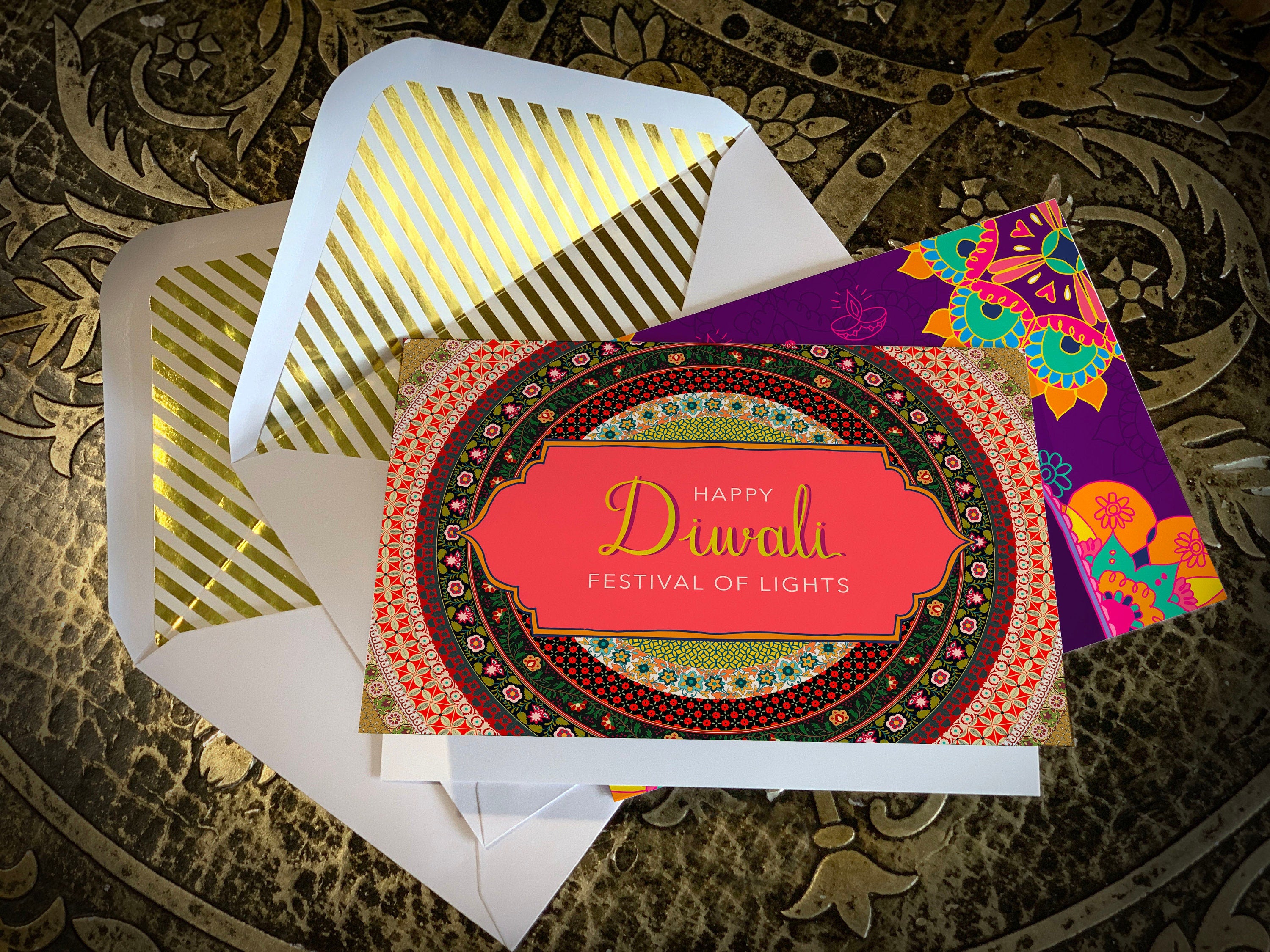 Diwali, Festival of Lights, Greeting Card with Elegant Striped Gold Foil Envelope, 5in x 7in, 4 Designs to Choose From, 1 Card/Envelope