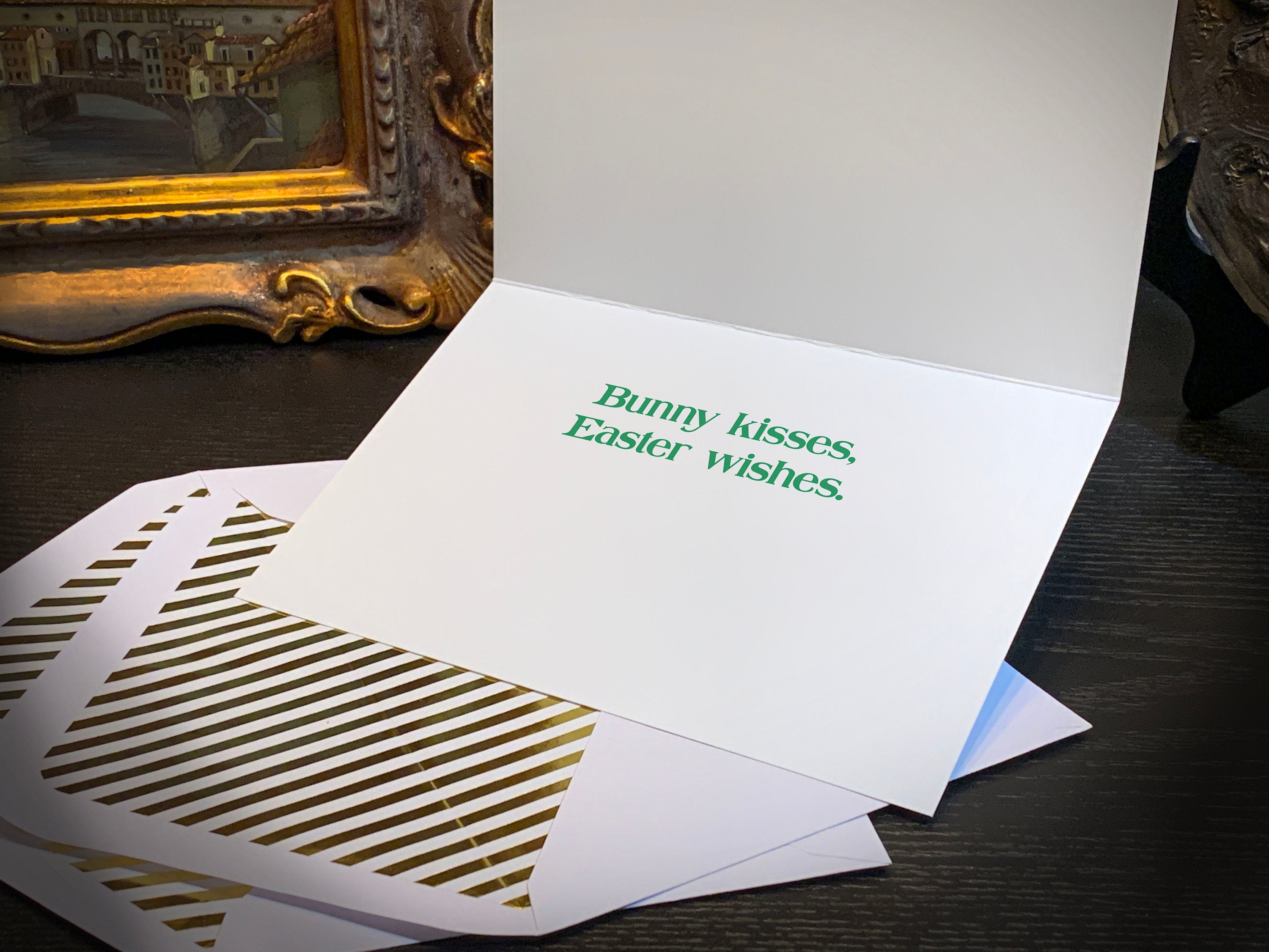 Bunny Egg Basket, Easter Greeting Card with Elegant Striped Gold Foil Envelope, 1 Card/Envelope