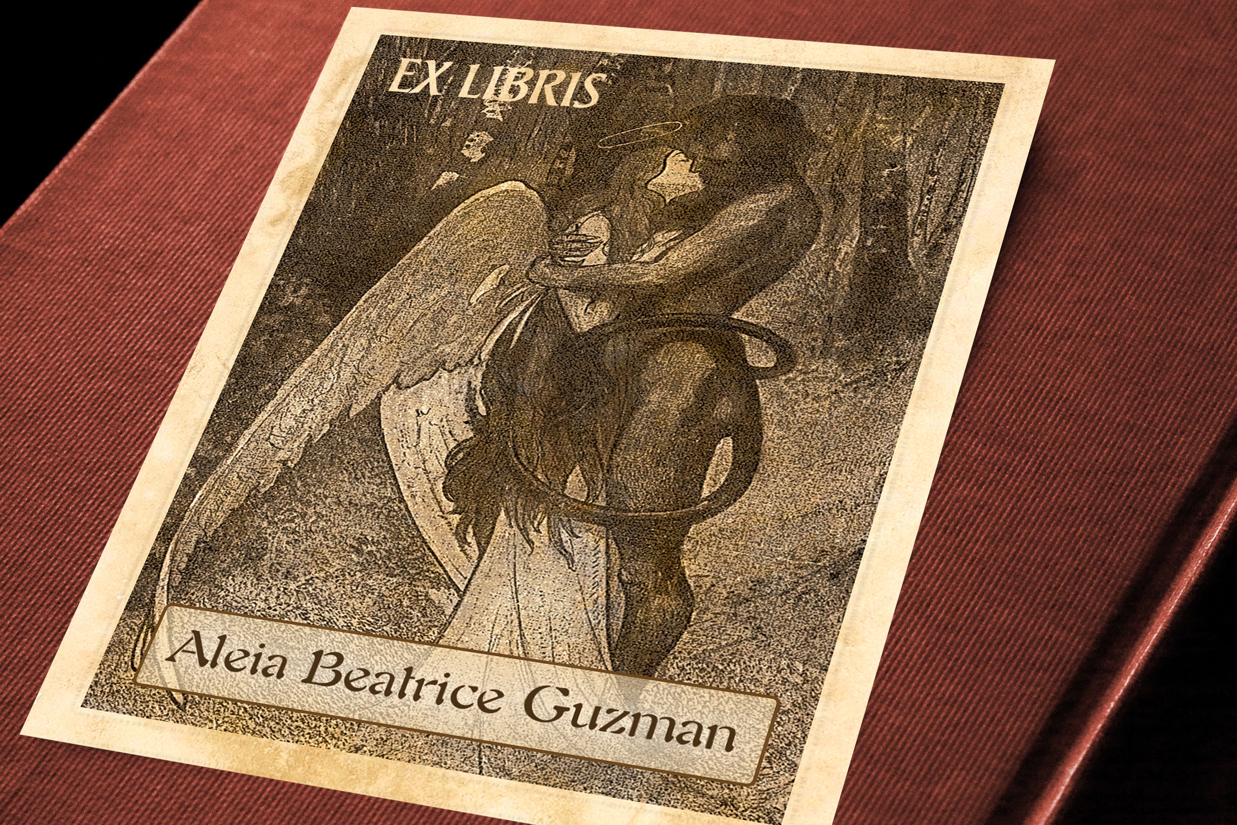 Angel and Demon Kissing, Personalized Ex-Libris Bookplates, Crafted on Traditional Gummed Paper, 3in x 4in, Set of 30