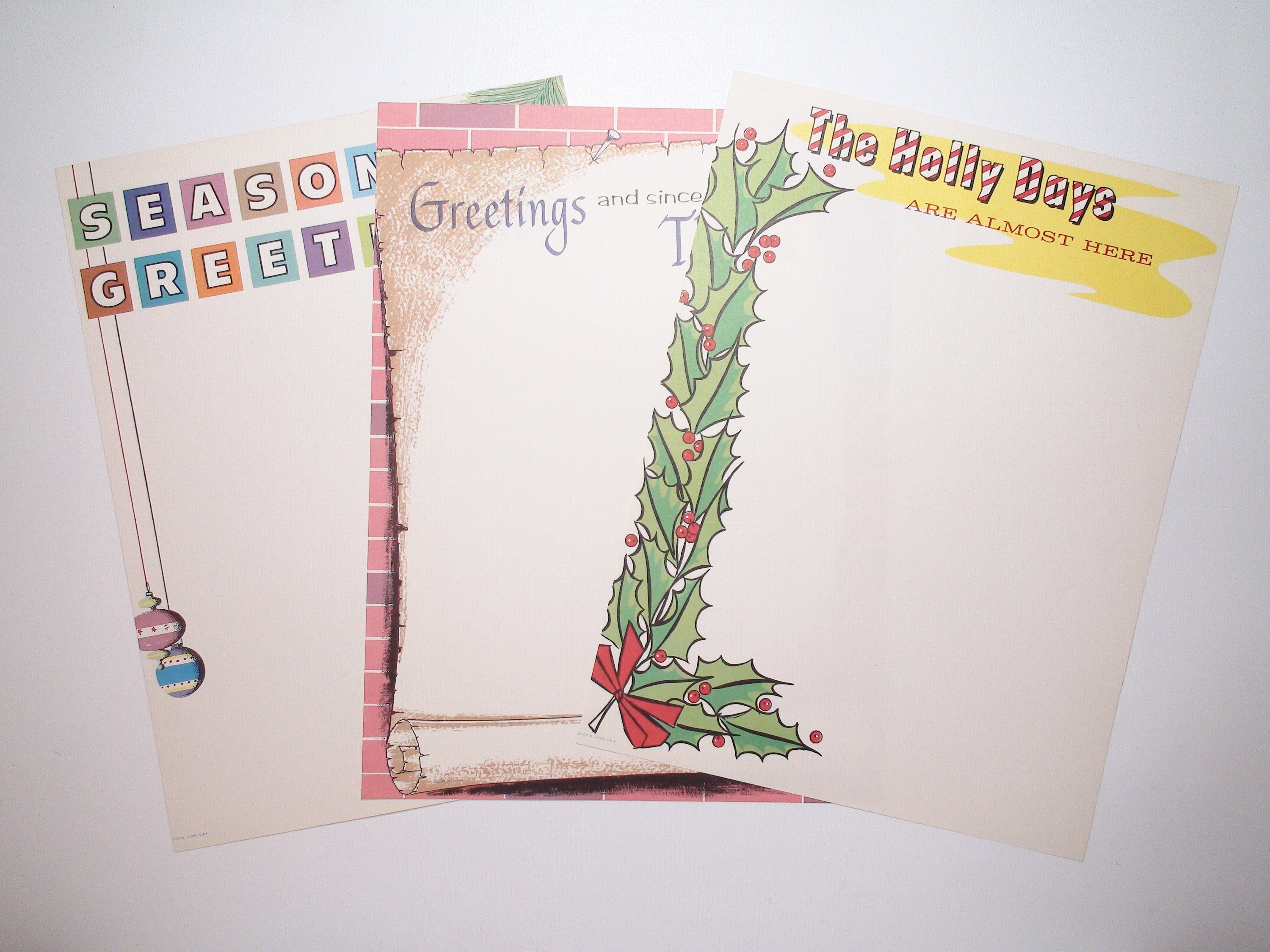 12 Sheets of Vintage Christmas and New Year's Day Holiday Border Stationery/Letterhead, c1970s