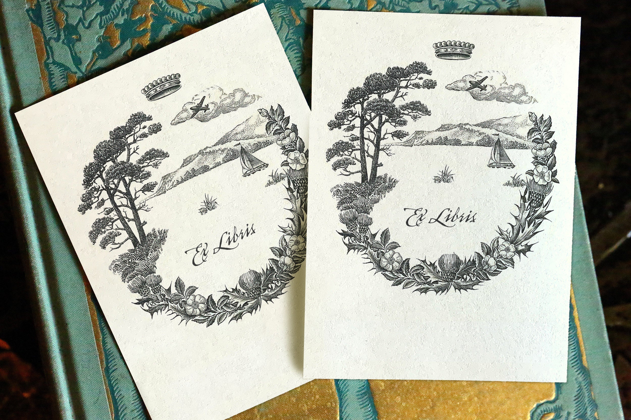 By Land Air and Sea, Personalized Ex-Libris Bookplates, Crafted on Traditional Gummed Paper, 3in x 4in, Set of 30