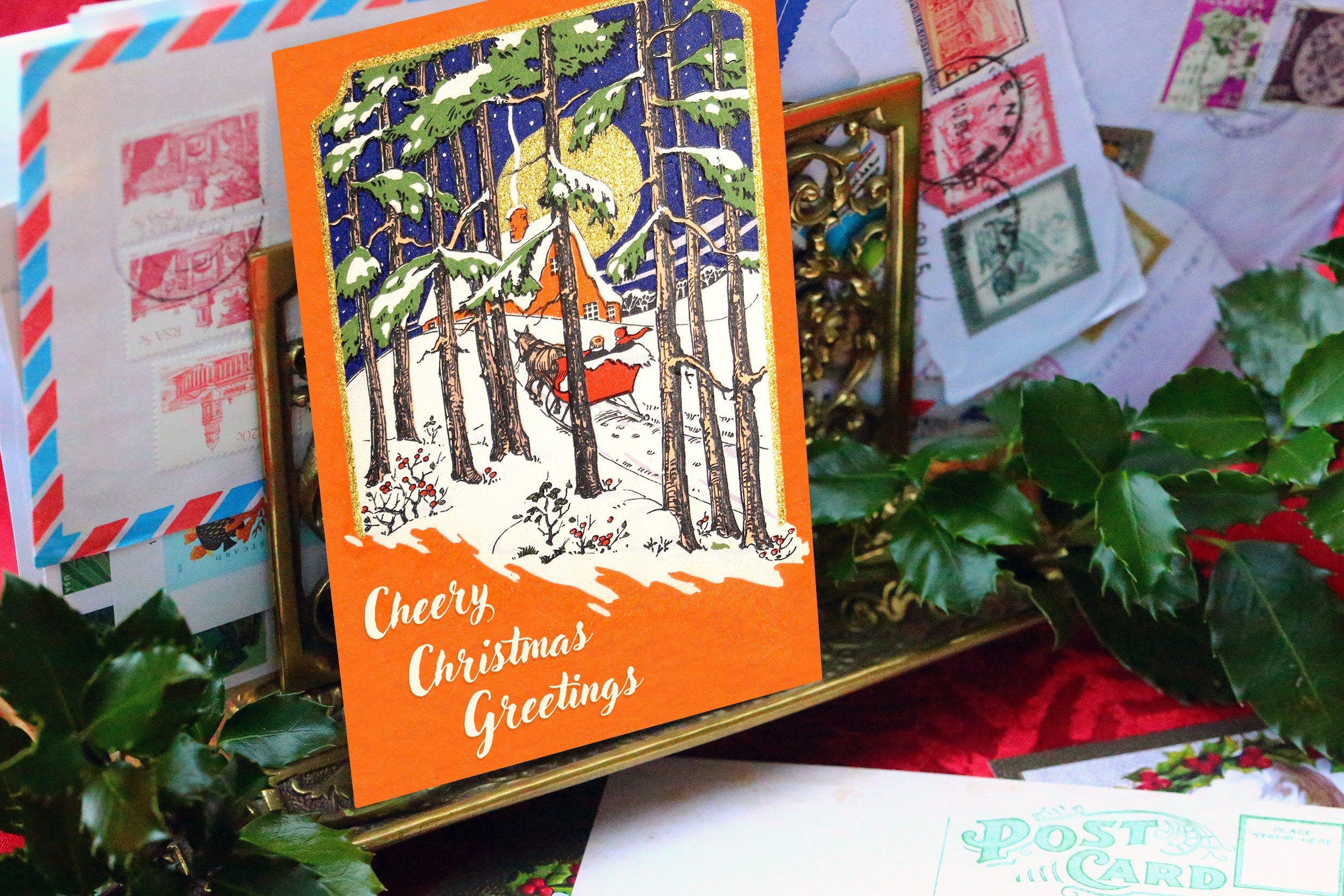 Cheery Christmas Greetings, Victorian Christmas Postcard Set, 1 Design, Set of 12
