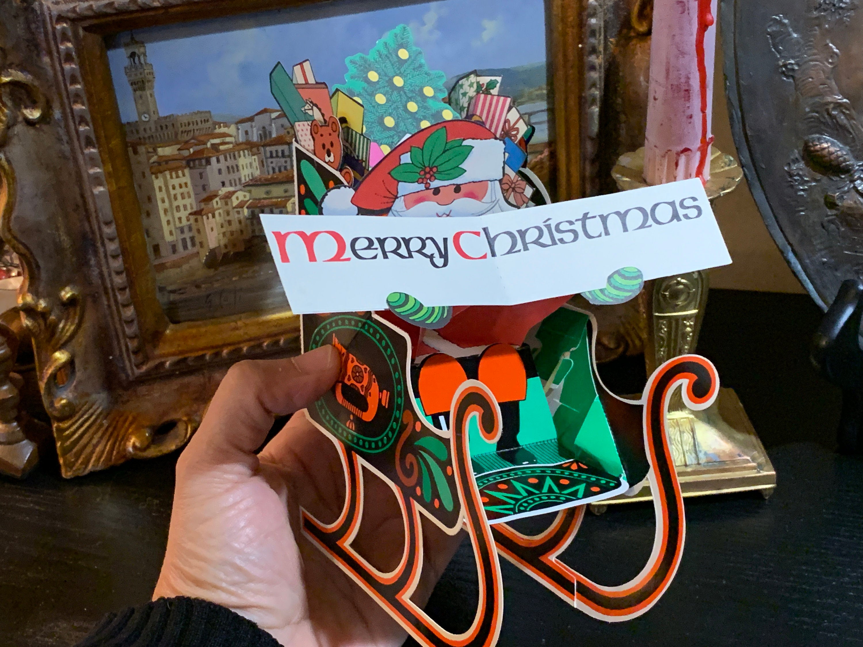 1 Vintage 3d Popup Christmas Card Featuring Santa's Sleigh, Envelope Included