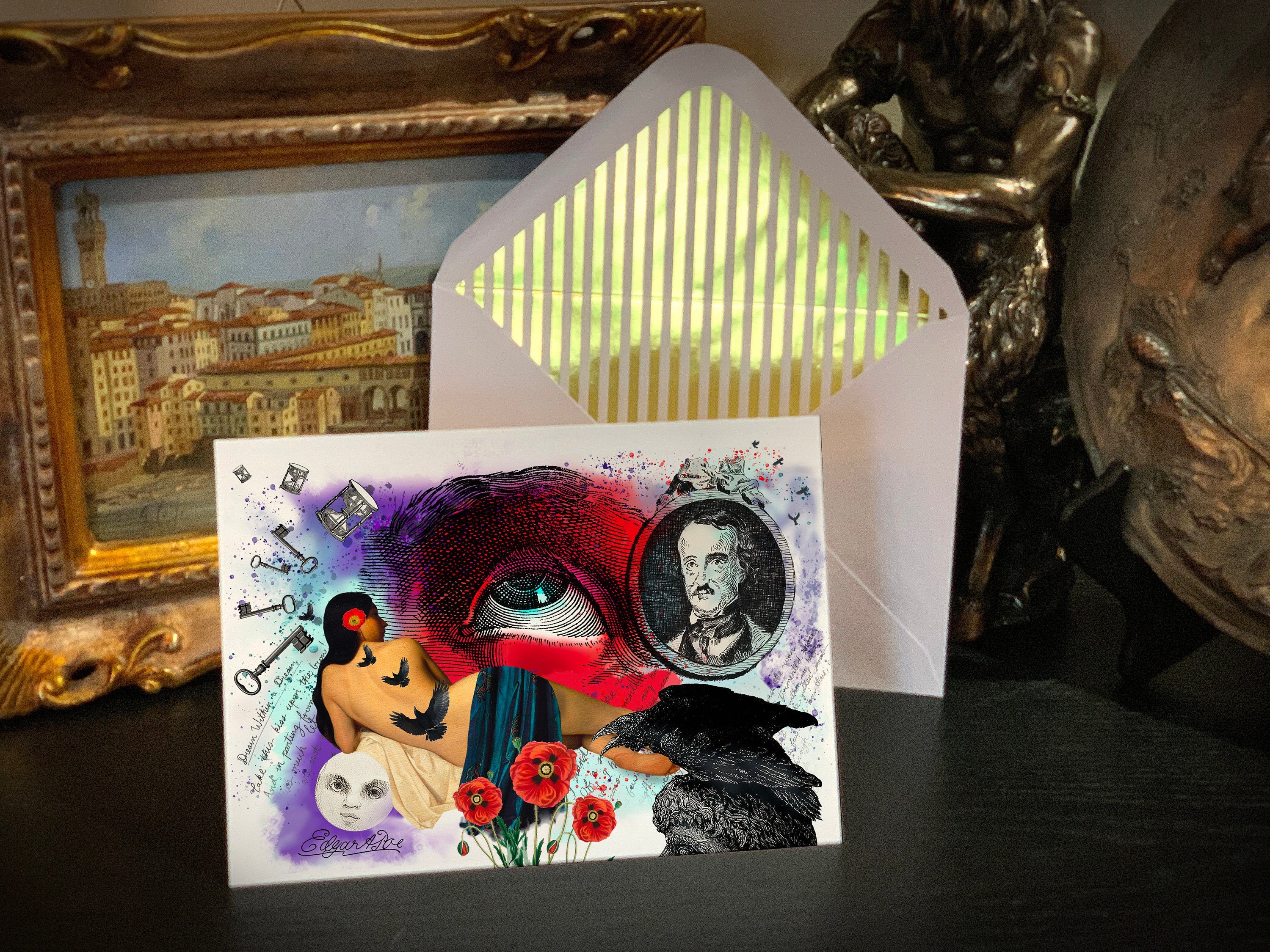 Dream Within a Dream, Edgar Allan Poe, Greeting Card with Elegant Striped Gold Foil Envelope, 1 Card/Envelope