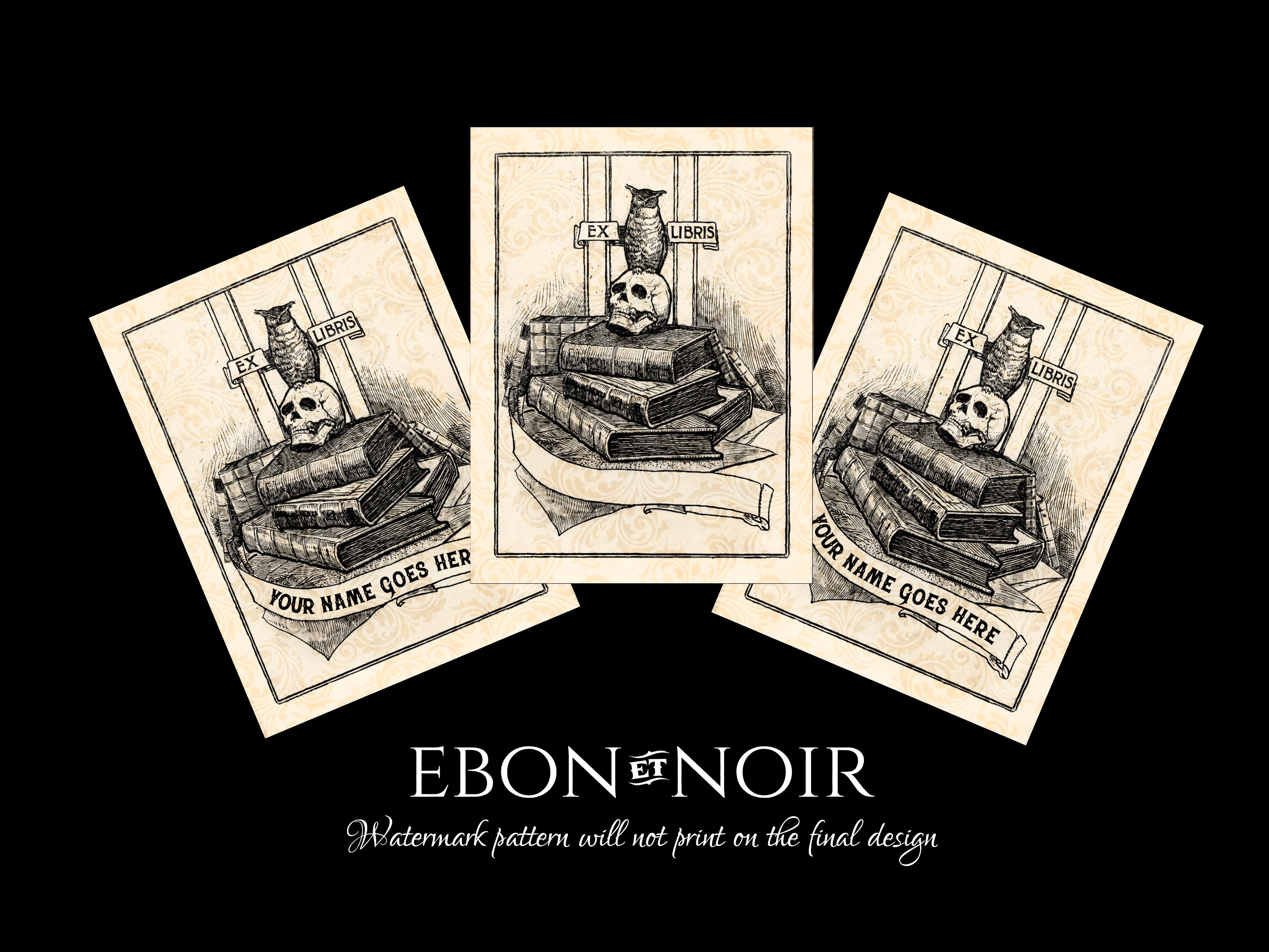 Owl, Skull, and Books, Personalized Gothic Ex-Libris Bookplates, Crafted on Traditional Gummed Paper, 3in x 4in, Set of 30