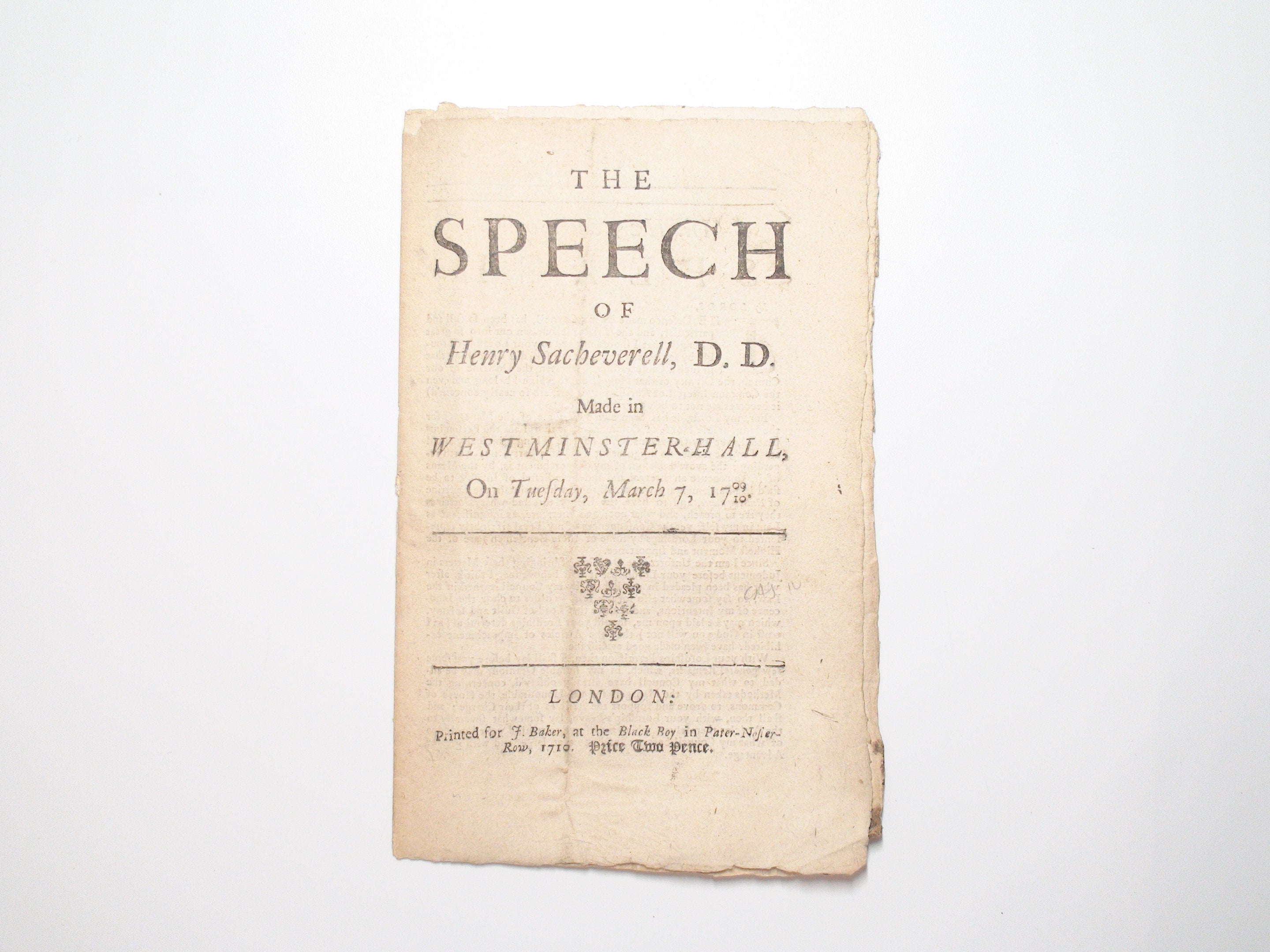 The Speech of Henry Sacheverell Made in Westminster Hall, Rare, March 7, 1710