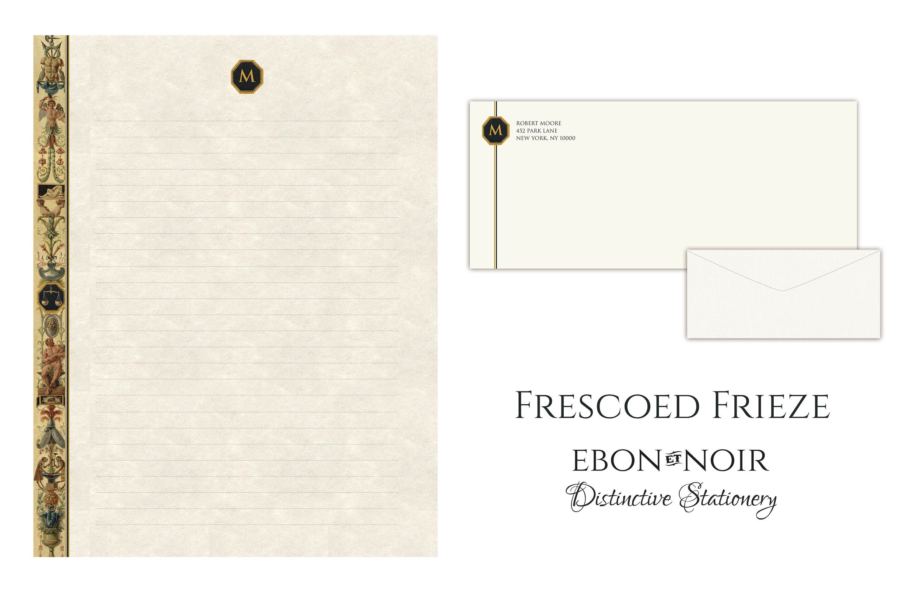 Frescoed Frieze, Luxurious Handcrafted Stationery Set for Letter Writing, Personalized, 12 Sheets/10 Envelopes