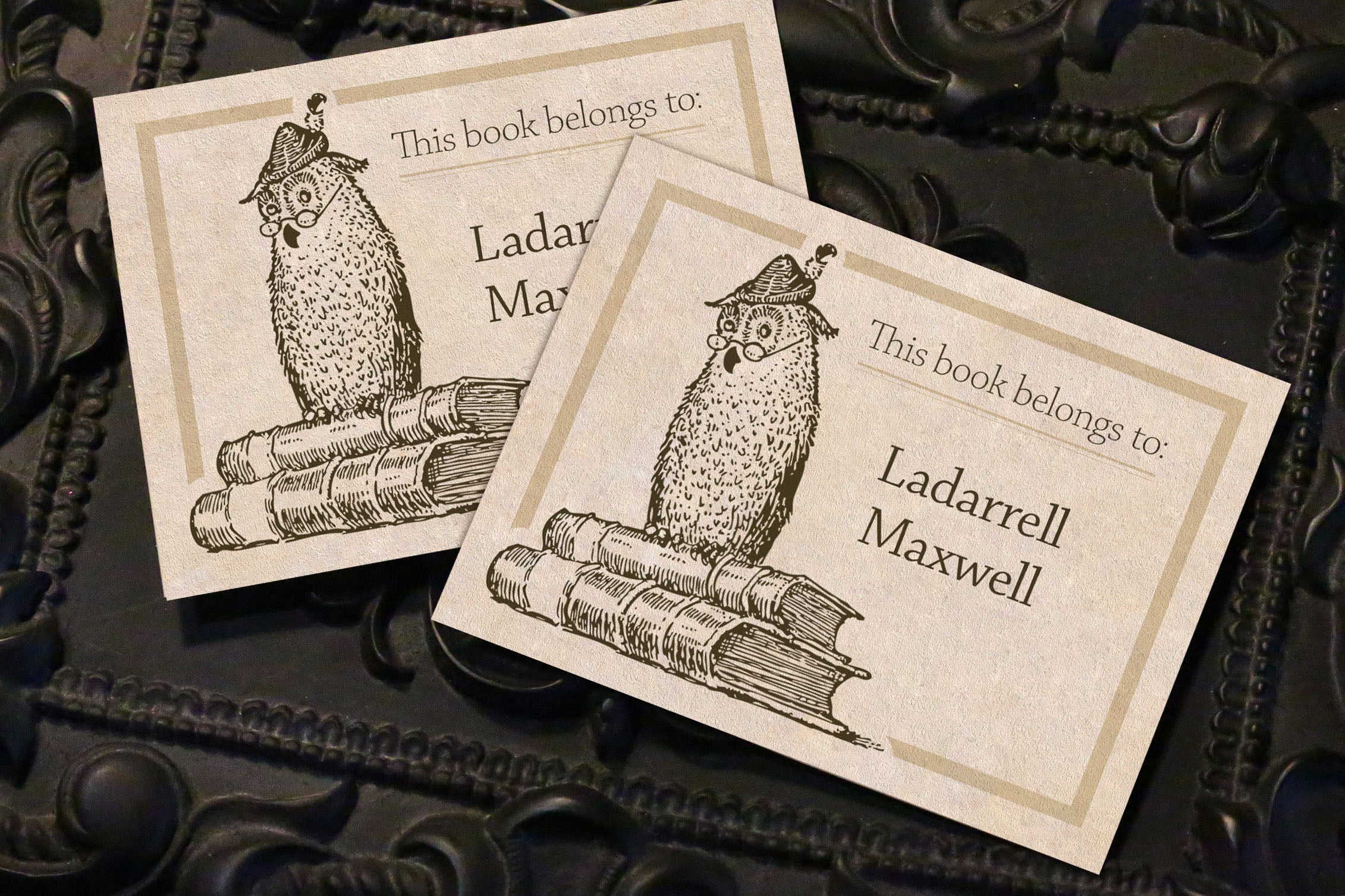 Owl With Feather In His Cap, Personalized Ex-Libris Bookplates, Crafted on Traditional Gummed Paper, 3.25in x 2.5in, Set of 30