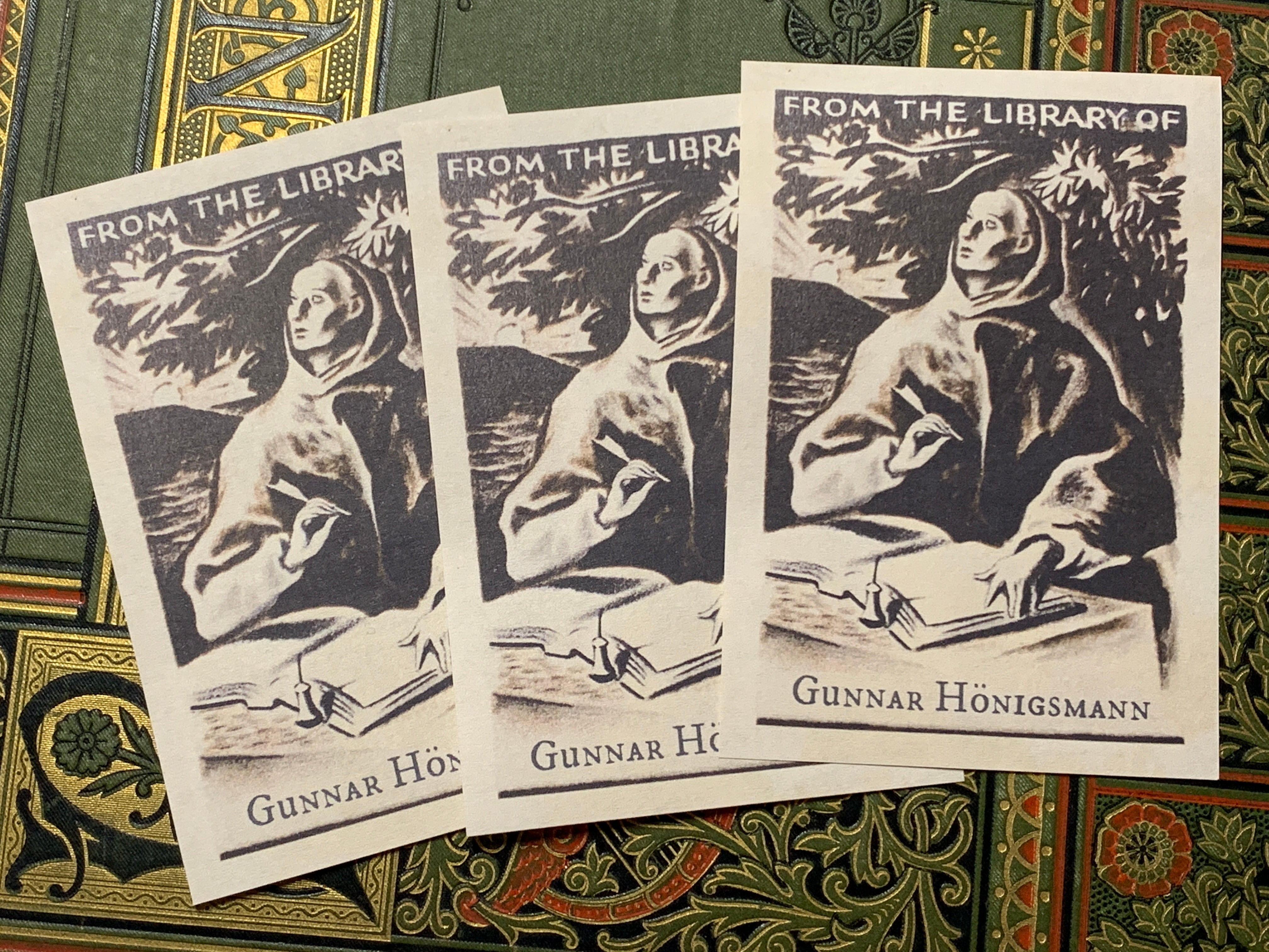 Monk Scribe, Personalized Ex-Libris Bookplates, Crafted on Traditional Gummed Paper, 2.75in x 4in, Set of 30