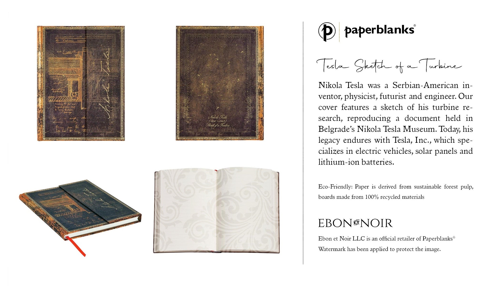 Nikola Tesla, Sketch of a Turbine, Embellished Manuscript, Wrap Journal, Lined, Paperblanks, 9in x 7in