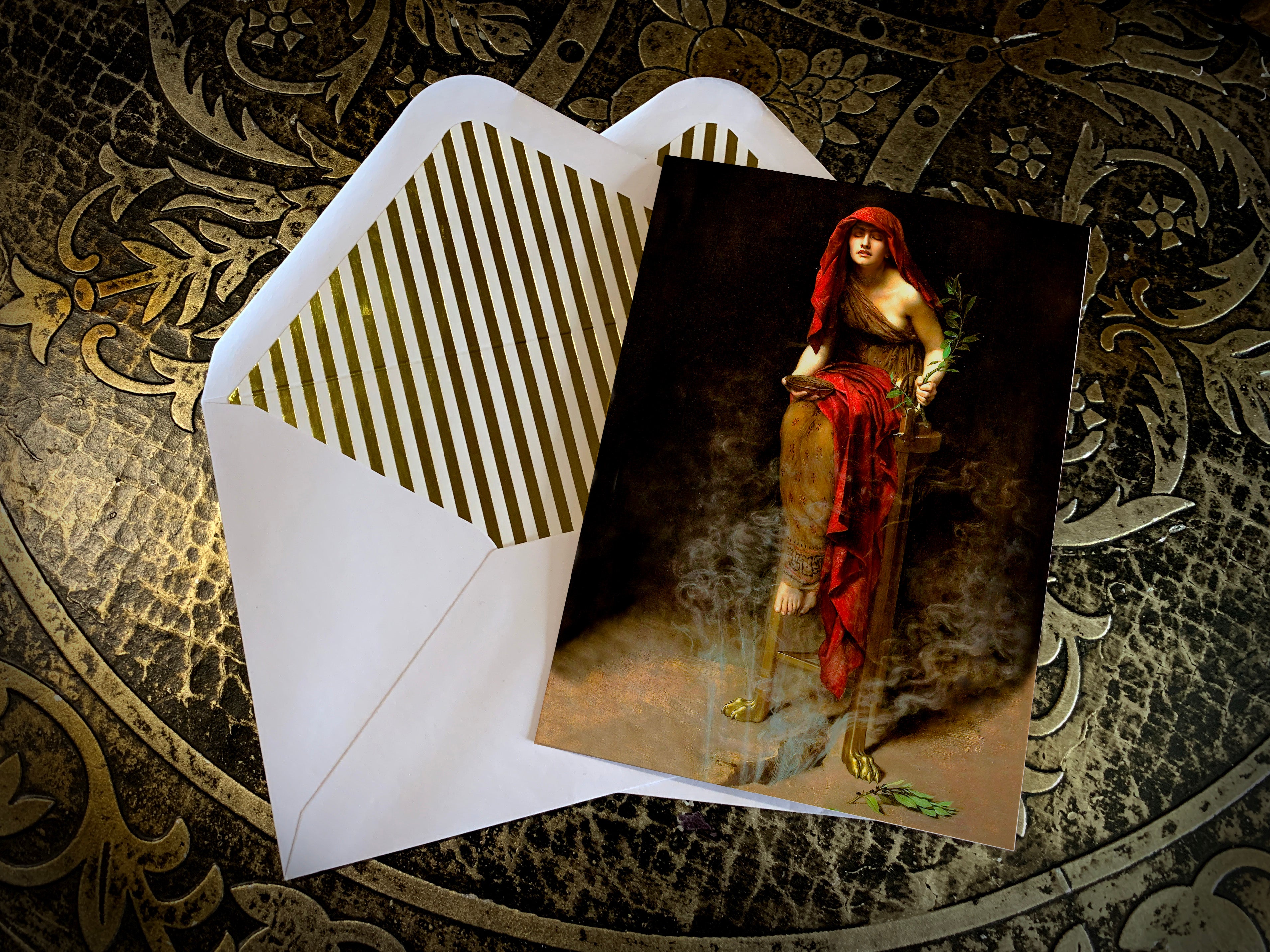 Priestess at Delphi by John Collier, Greeting Card with Elegant Striped Gold Foil Envelope, 1 Card/Envelope