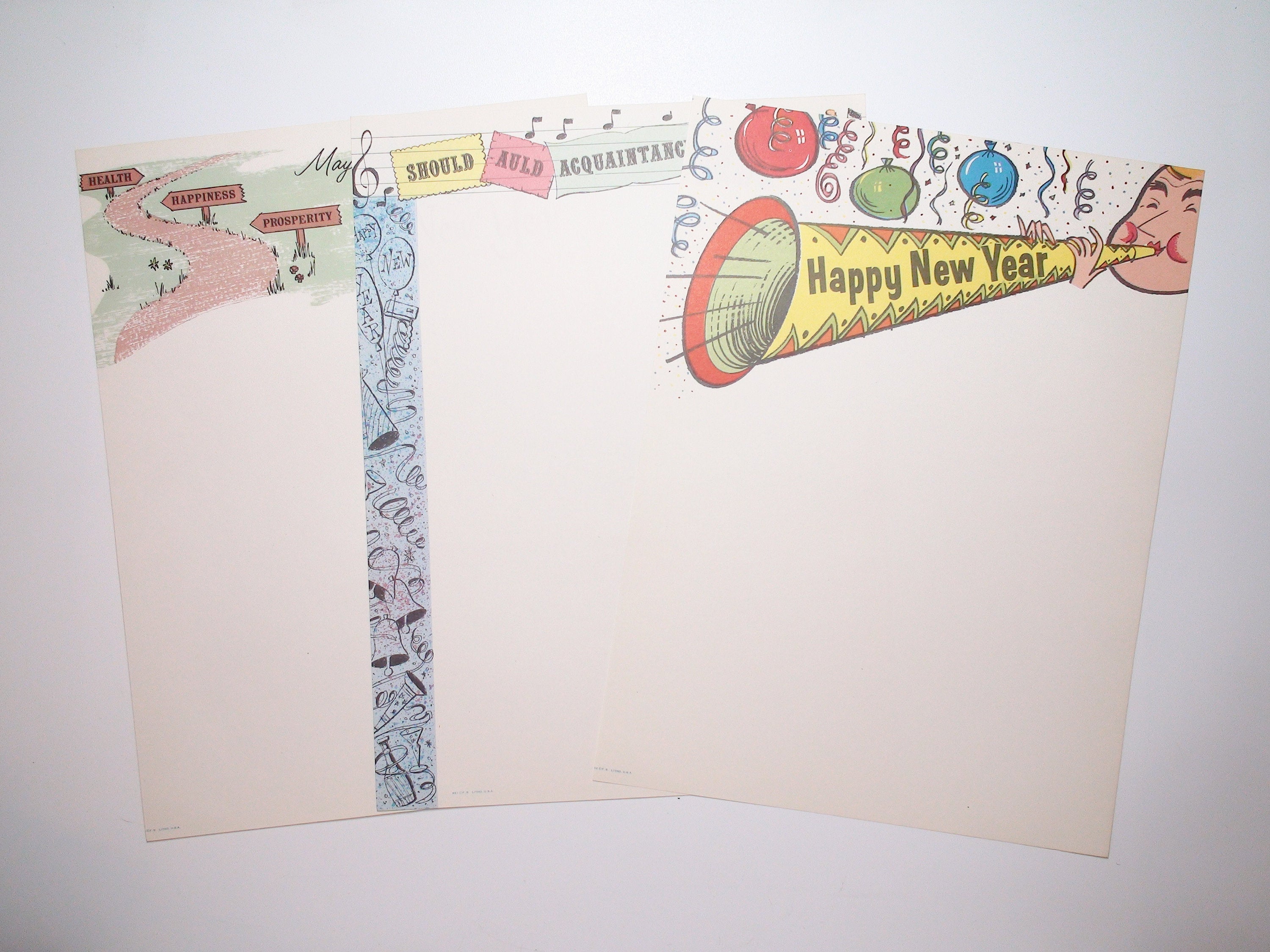 12 Sheets of Vintage Christmas and New Year's Day Holiday Border Stationery/Letterhead, c1970s