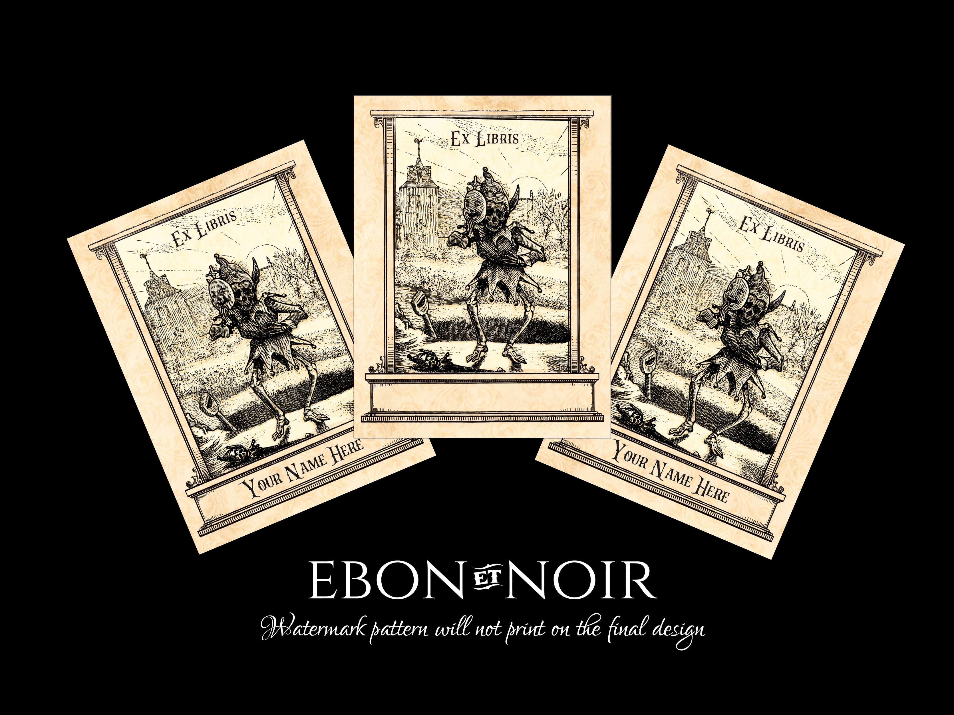 Grinning Skeleton, Personalized Gothic Ex-Libris Bookplates, Crafted on Traditional Gummed Paper, 3in x 4in, Set of 30