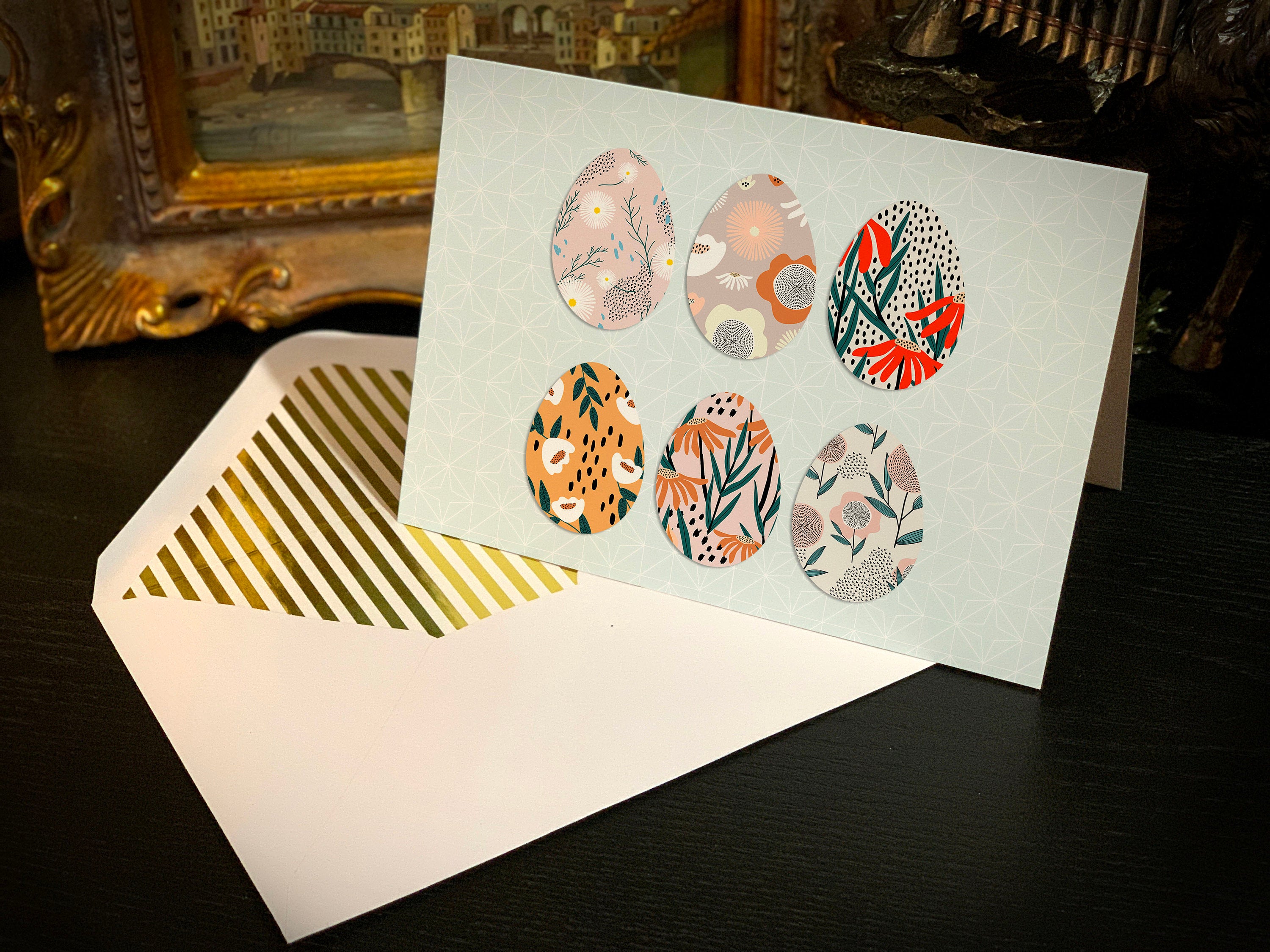 Modern Easter Eggs, Easter Greeting Card with Elegant Striped Gold Foil Envelope, 1 Card/Envelope