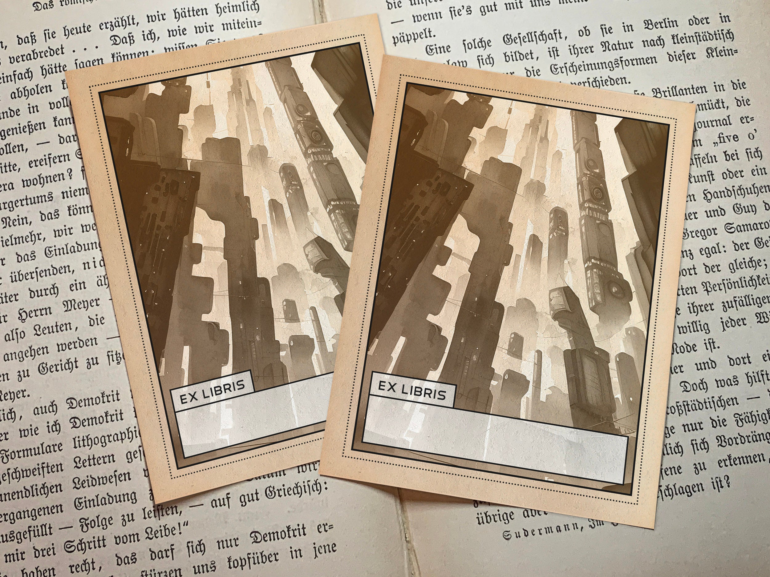 Futuristic City, Personalized Ex-Libris Bookplates, Crafted on Traditional Gummed Paper, 3in x 4in, Set of 30