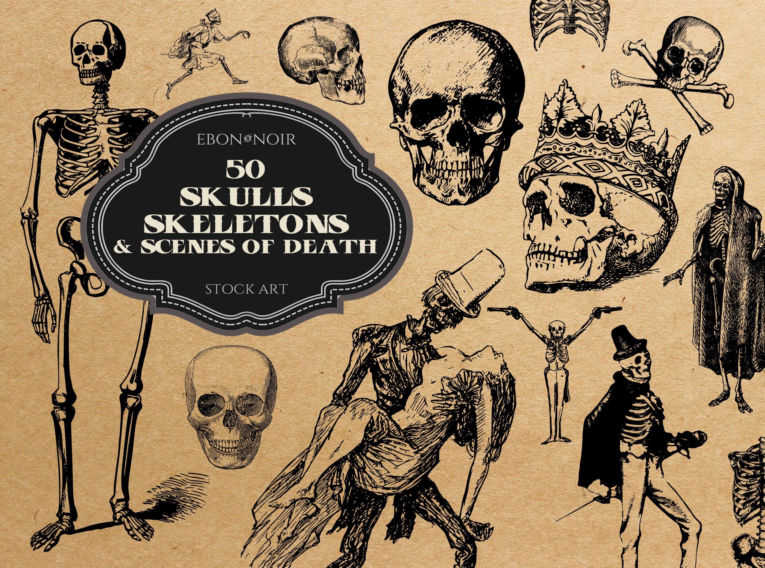50 Skulls, Skeletons, and Scenes_of_Death, SVG Vector Format, Digital Download, Public Domain
