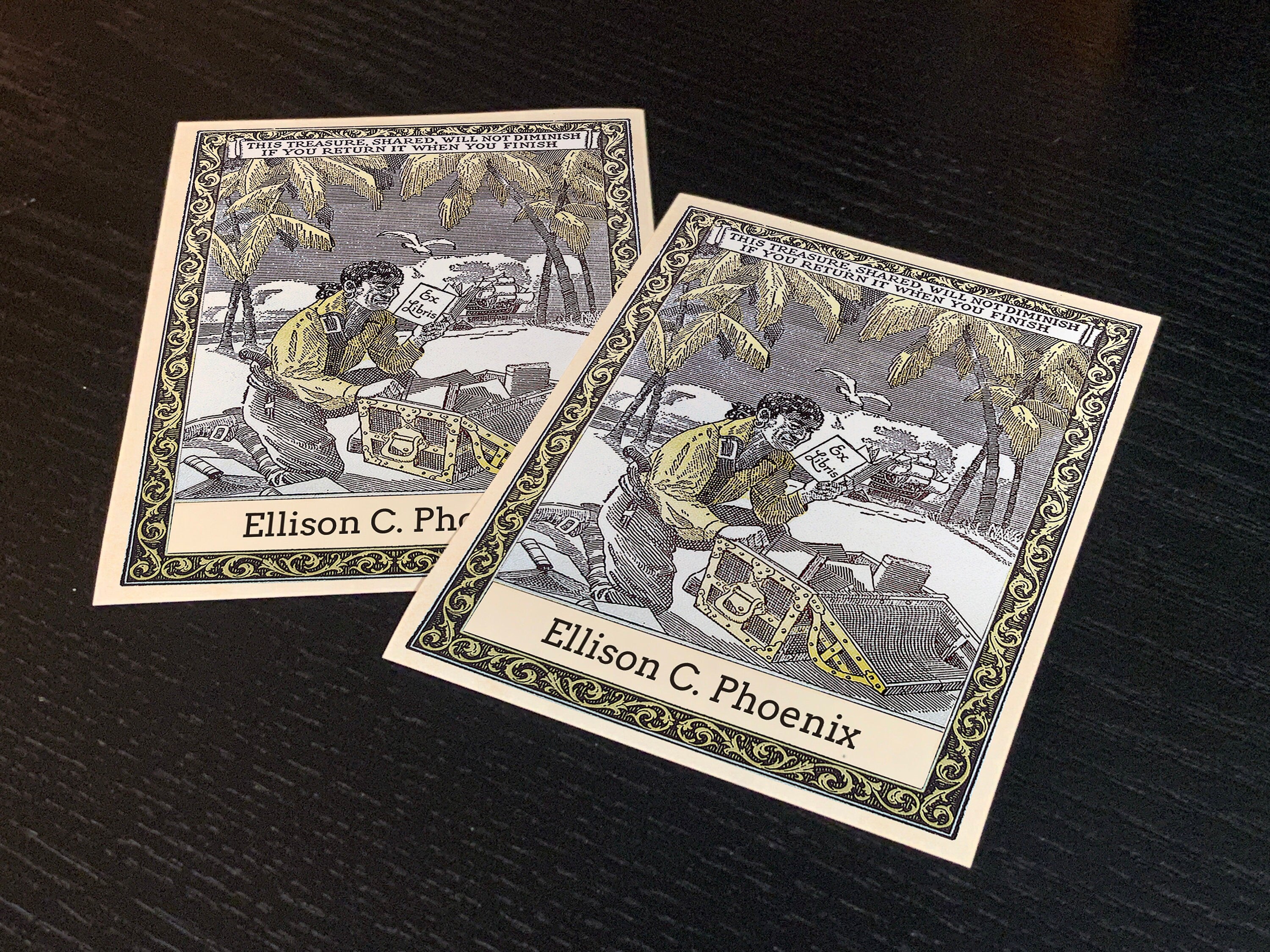 Treasure Island Pirate, Personalized Ex-Libris Bookplates, Crafted on Traditional Gummed Paper, 3in x 4in, Set of 30