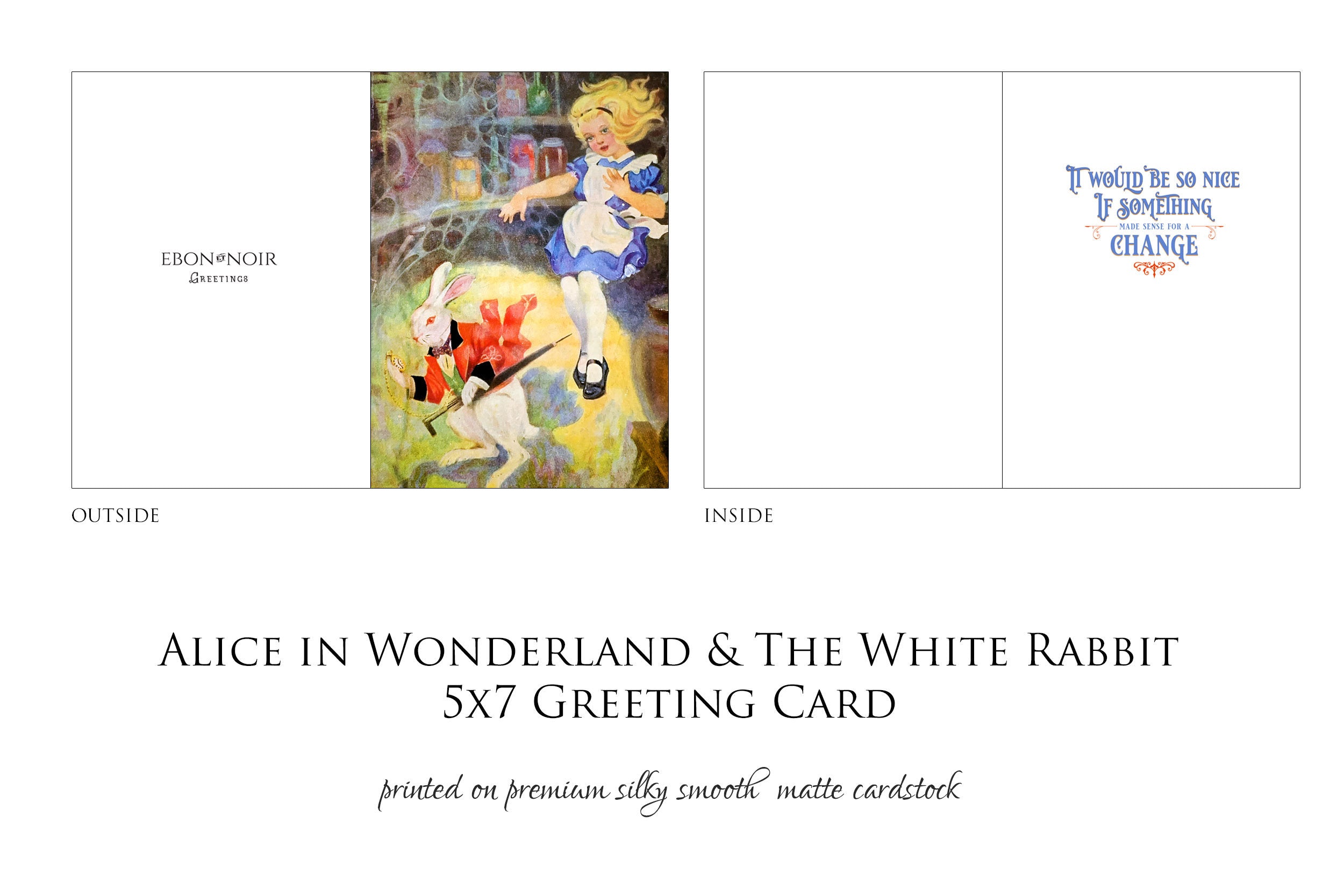 Alice and the White Rabbit, Alice in Wonderland Greeting Card with Elegant Striped Gold Foil Envelope, 1 Card/Envelope