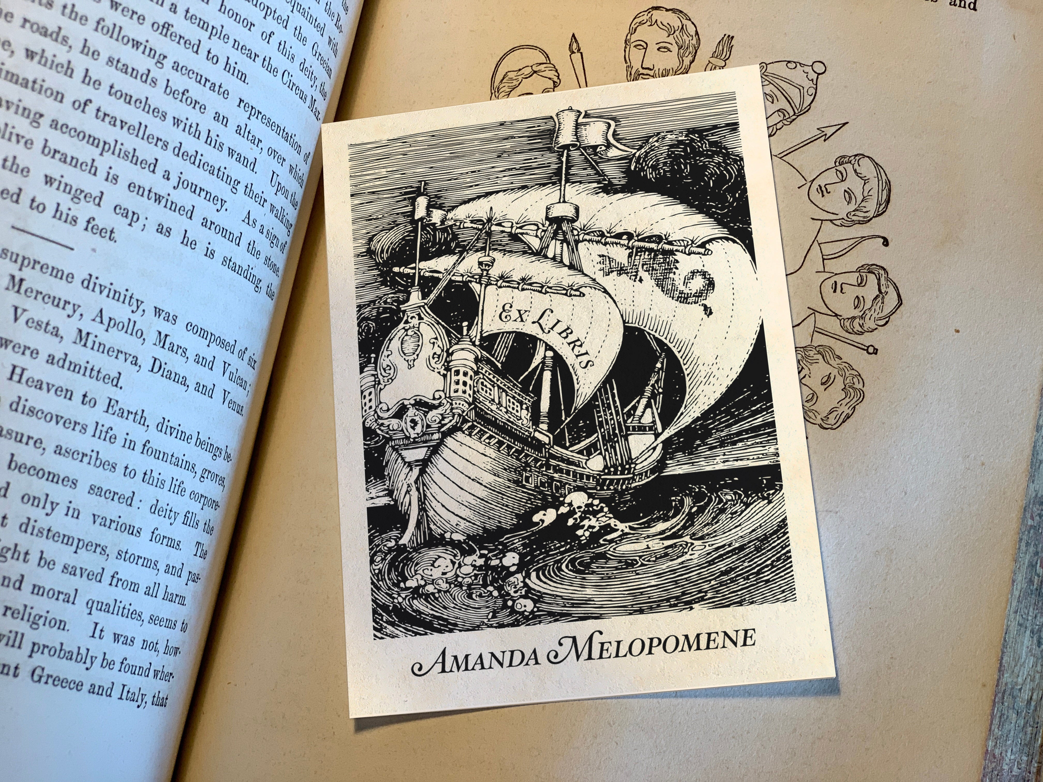 Fantasy Galleon, Personalized Naval Ex-Libris Bookplates, Crafted on Traditional Gummed Paper, 3in x 4in, Set of 30